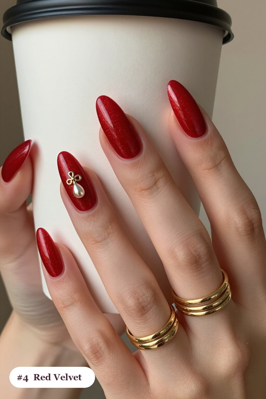 Long Coffin Red Nails in Velvet Shimmer with a Gold‑Charm Accent - christmas red nails Long Coffin Red Nails in Velvet Shimmer with a Gold‑Charm Accent - christmas red nails