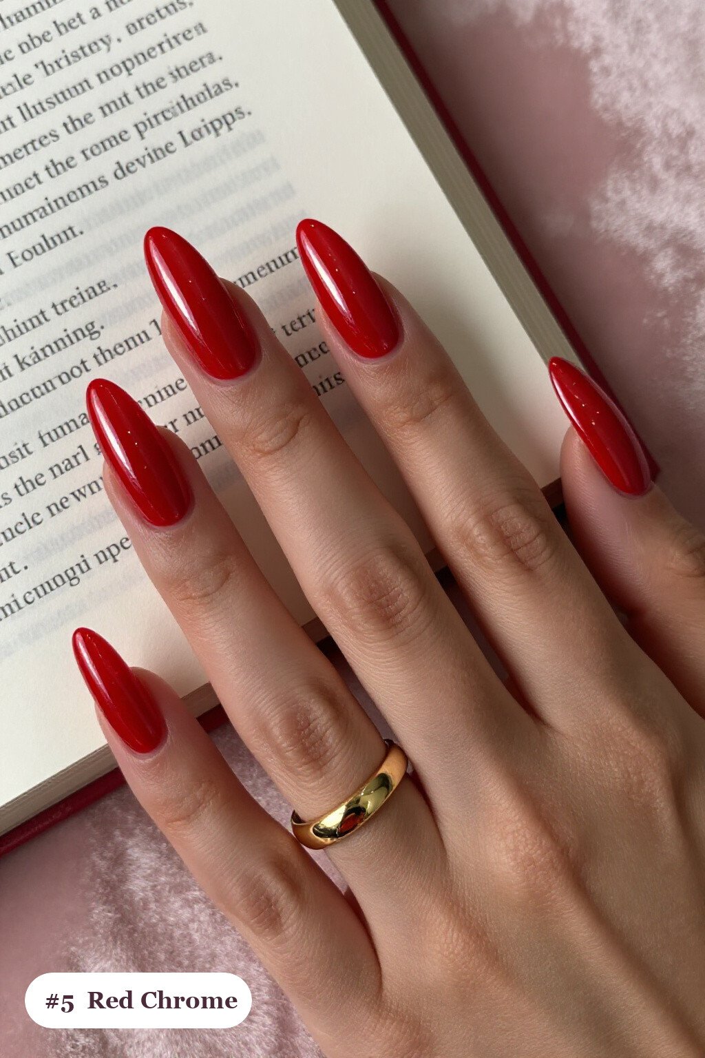 Long Almond Red Nails with Liquid Chrome Mirror Finish and Metallic Highlights - christmas red nails Long Almond Red Nails with Liquid Chrome Mirror Finish and Metallic Highlights - christmas red nails