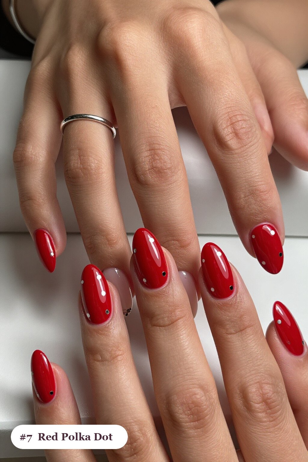 Medium Almond Red Nails Playful Polka Dots in Two Colours with Silver Details - christmas red nails Medium Almond Red Nails Playful Polka Dots in Two Colours with Silver Details - christmas red nails