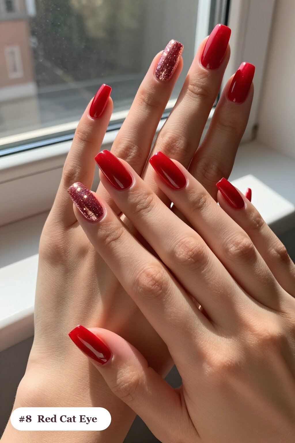 Long Square Red Nails with Glowing Shimmer Band Like a Gemstone Center - christmas red nails Long Square Red Nails with Glowing Shimmer Band Like a Gemstone Center - christmas red nails