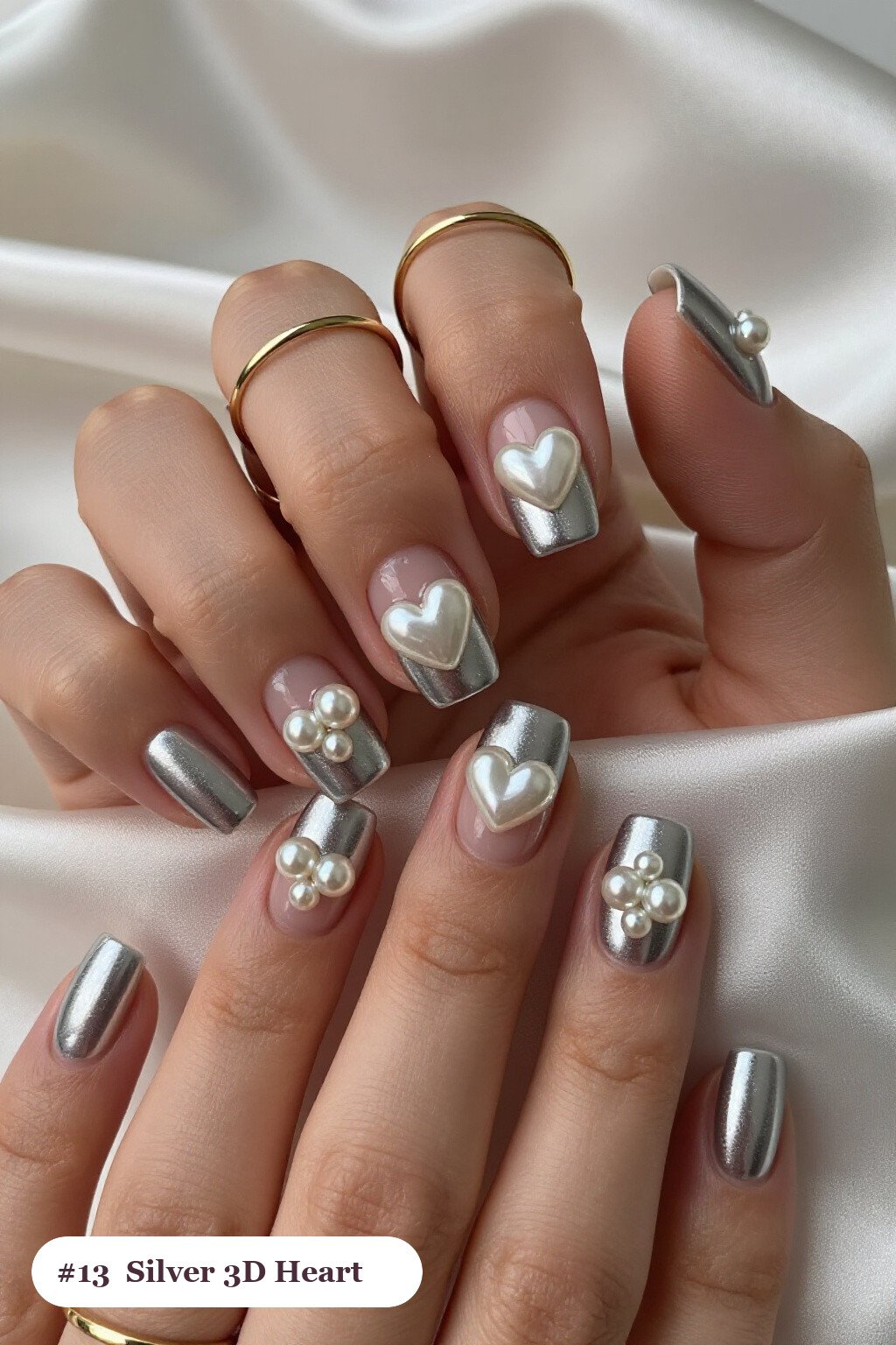 Silver 3D Gel Hearts & Pearls on Medium Square Nails - christmas square nails Silver 3D Gel Hearts & Pearls on Medium Square Nails - christmas square nails