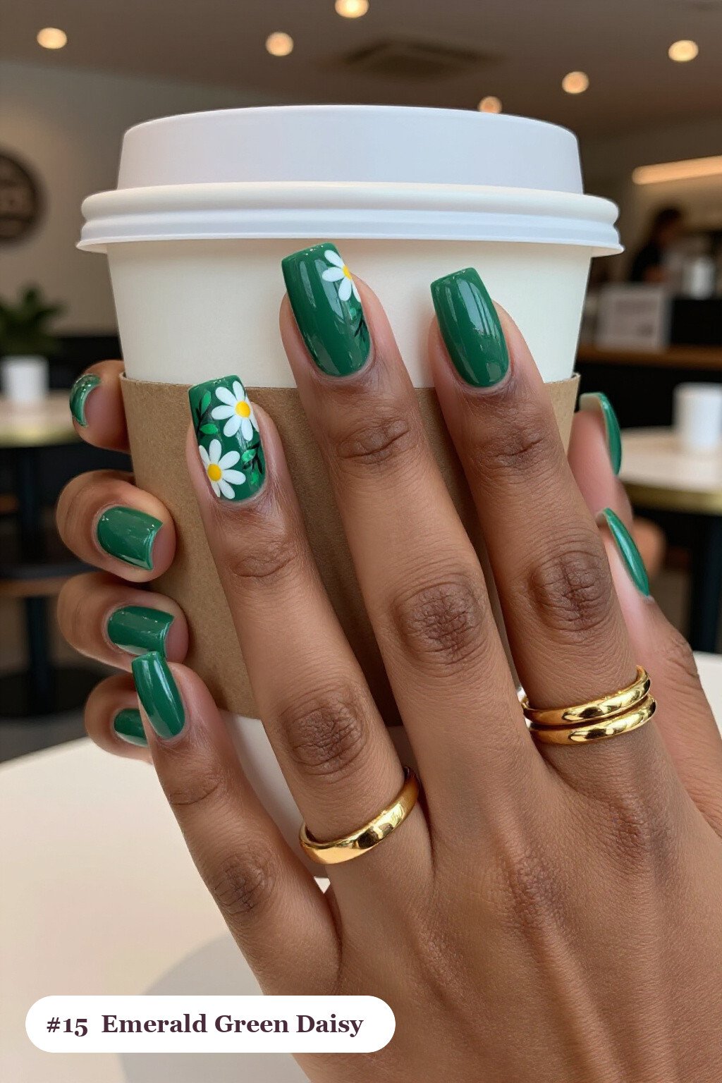 Emerald Green Daisies & Leaves Medium Square Nails: On Short Nails - christmas square nails Emerald Green Daisies & Leaves Medium Square Nails: On Short Nails - christmas square nails