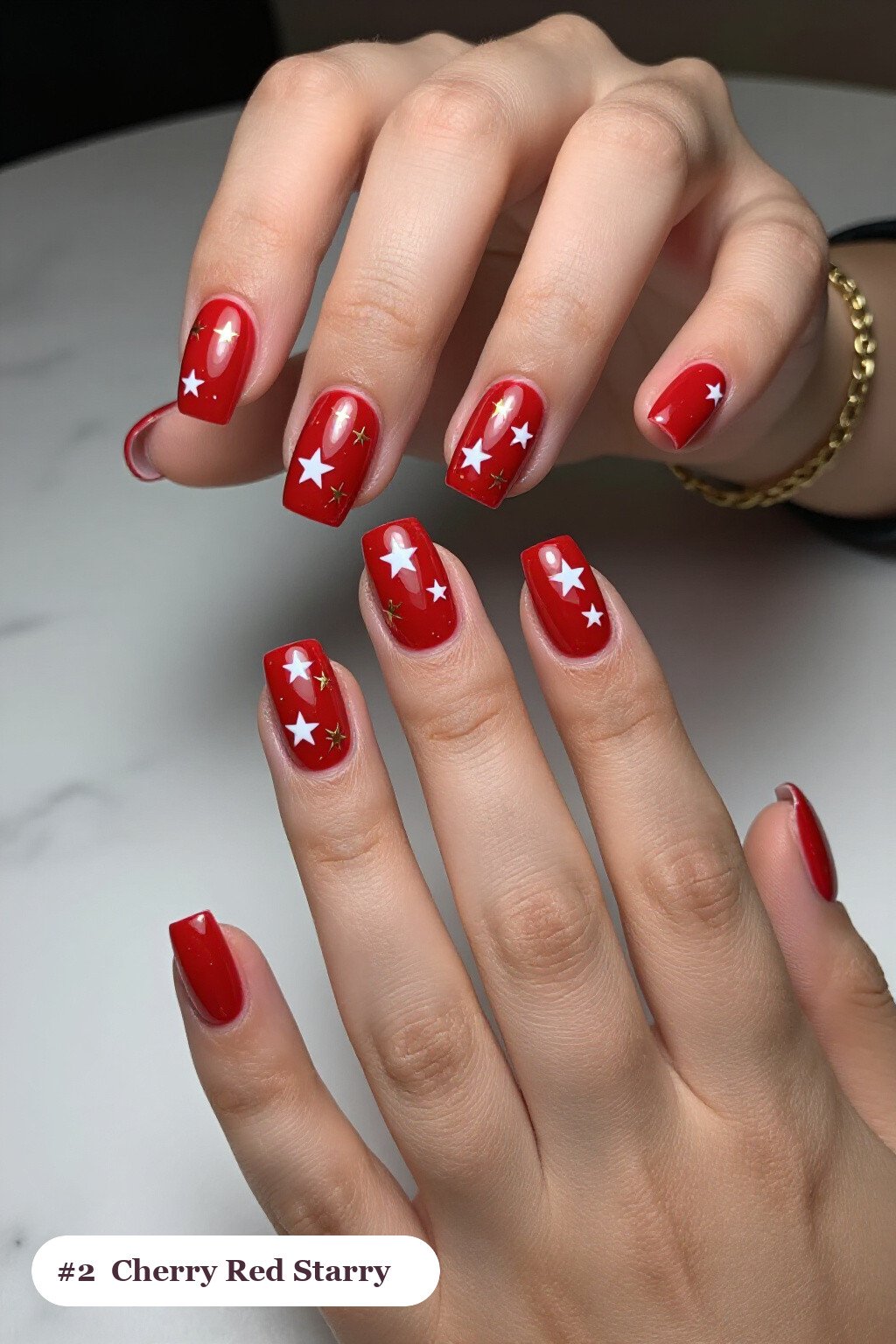 Cherry Red Stars & Gold Sparkles on Medium Square Nails - christmas square nails Cherry Red Stars & Gold Sparkles on Medium Square Nails - christmas square nails
