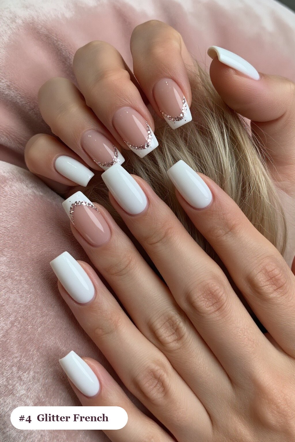 Snow White Glitter French Tips on Medium Square Nails - christmas square nails Snow White Glitter French Tips on Medium Square Nails - christmas square nails