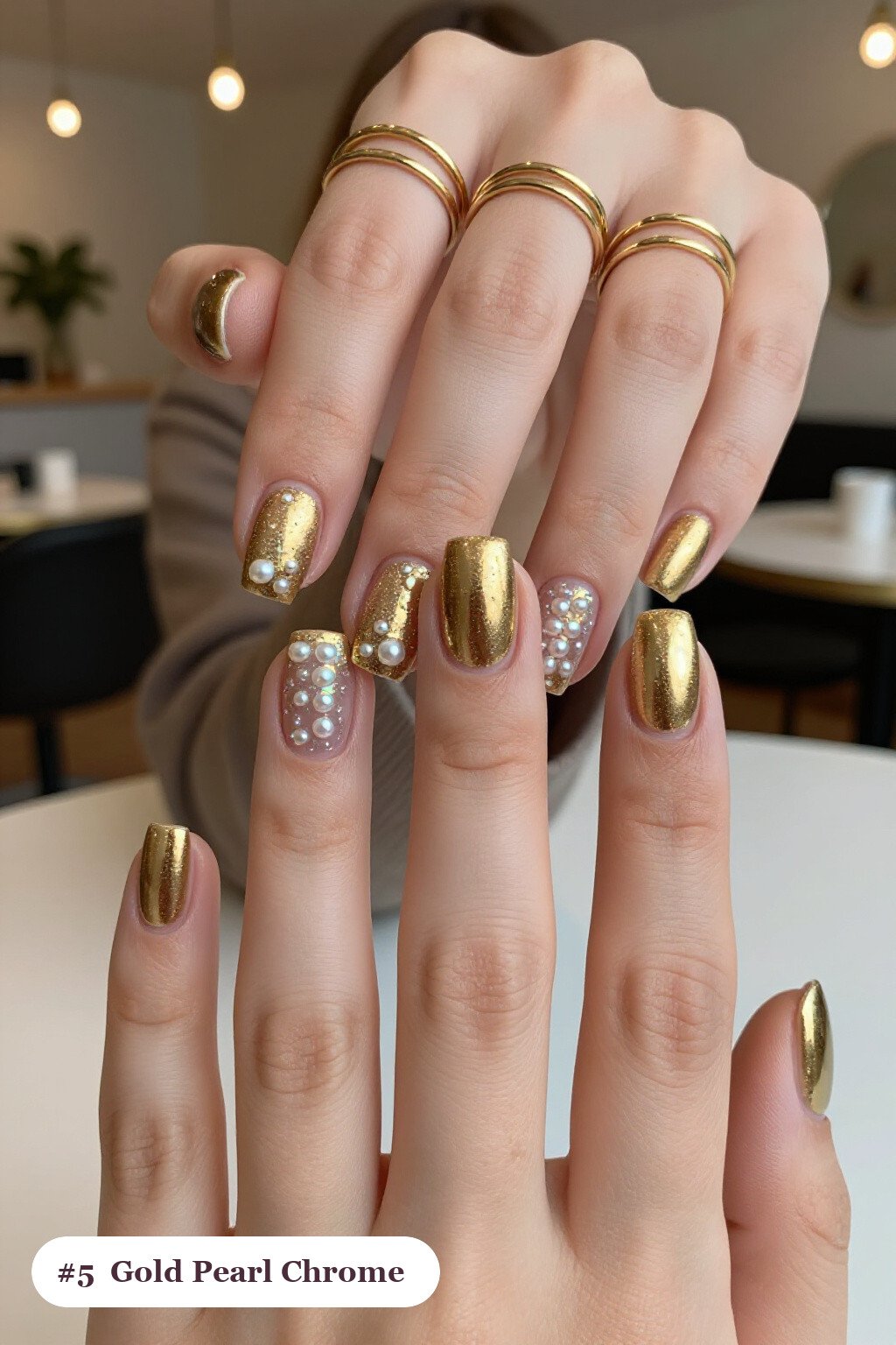 Gold Glazed Pearl Chrome Medium Square Nails - christmas square nails Gold Glazed Pearl Chrome Medium Square Nails - christmas square nails