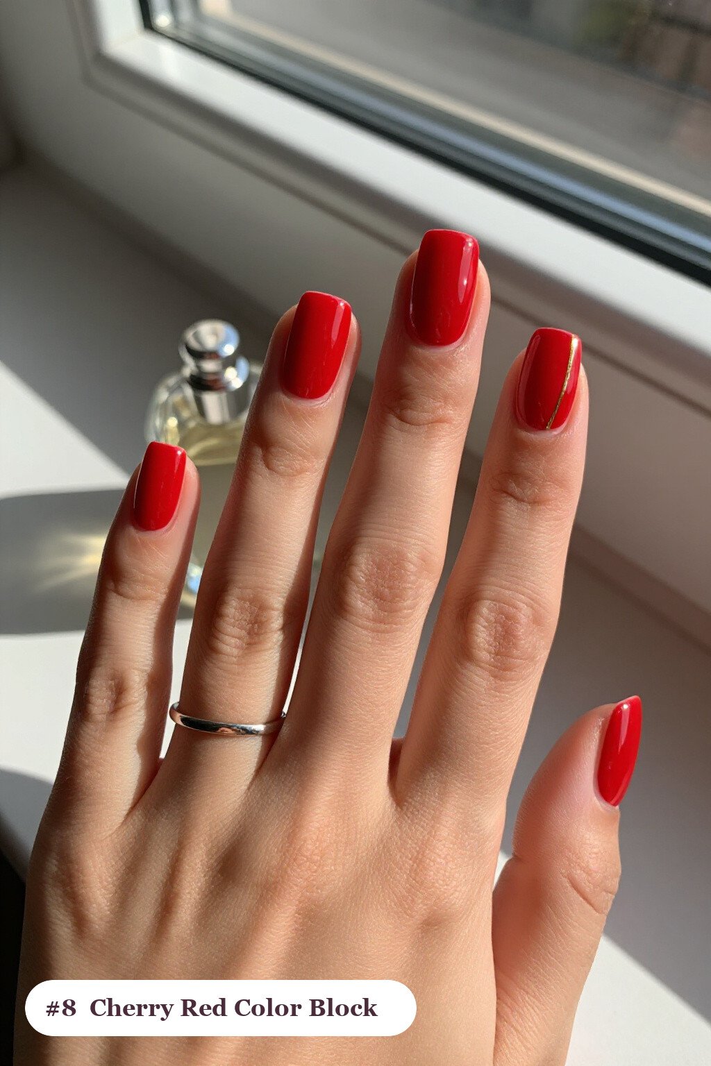 Cherry Red Diagonal Color‑Block Medium Square Nails with Gold Line - christmas square nails Cherry Red Diagonal Color‑Block Medium Square Nails with Gold Line - christmas square nails