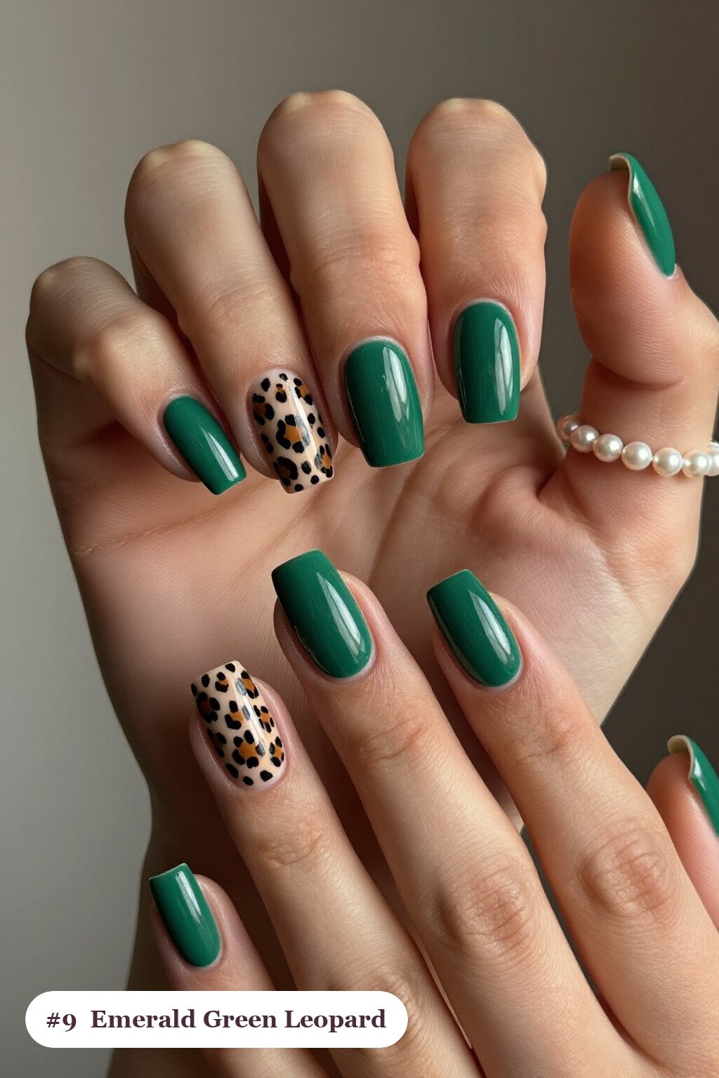 Emerald Green Leopard Print Accent Medium Square Nails - christmas square nails Emerald Green Leopard Print Accent Medium Square Nails - christmas square nails