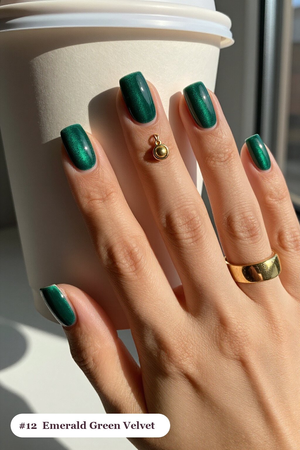 Emerald Green Velvet Shimmer Square Nails with Gold Charm Accent - christmas square nails short Emerald Green Velvet Shimmer Square Nails with Gold Charm Accent - christmas square nails short