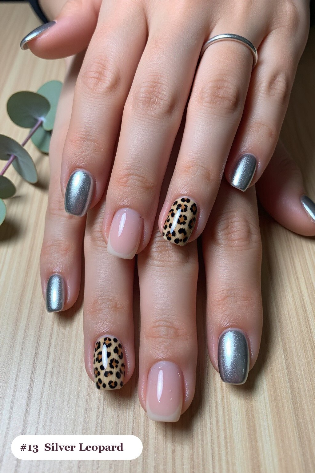 Silver Square Nails with Leopard Print Accents - christmas square nails short Silver Square Nails with Leopard Print Accents - christmas square nails short