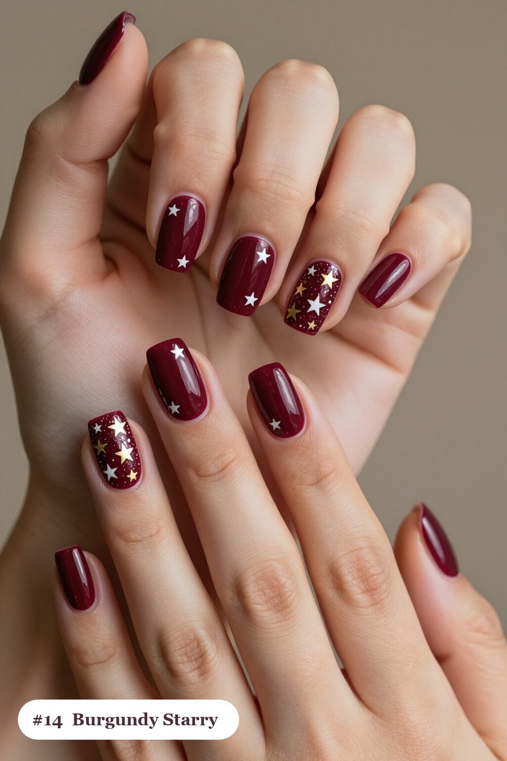 Burgundy Square Nails Sprinkled with White & Gold Stars - christmas square nails short Burgundy Square Nails Sprinkled with White & Gold Stars - christmas square nails short