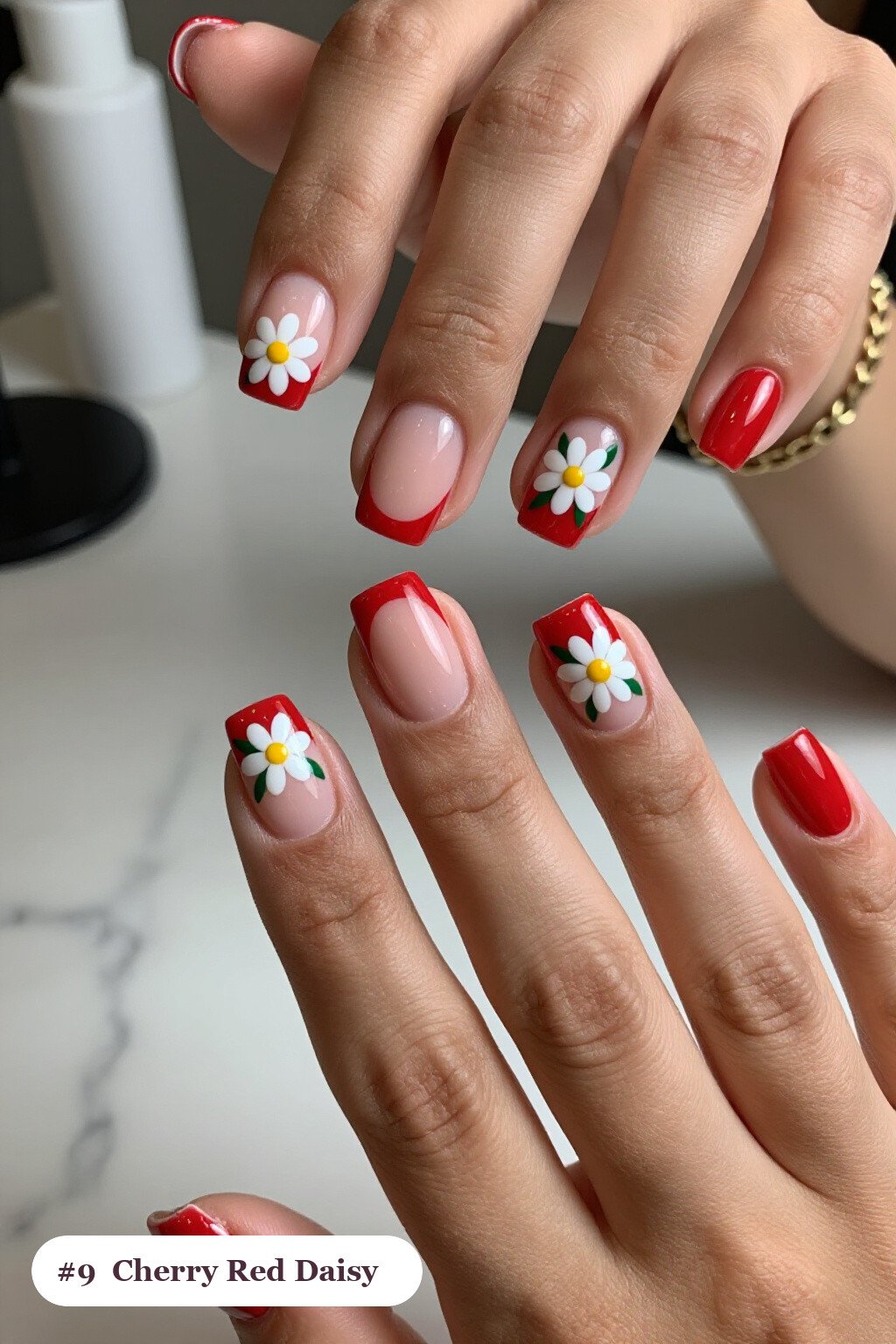 Cherry Red Square Nails Hand‑Painted with Daisies & Green Leaves - christmas square nails short Cherry Red Square Nails Hand‑Painted with Daisies & Green Leaves - christmas square nails short