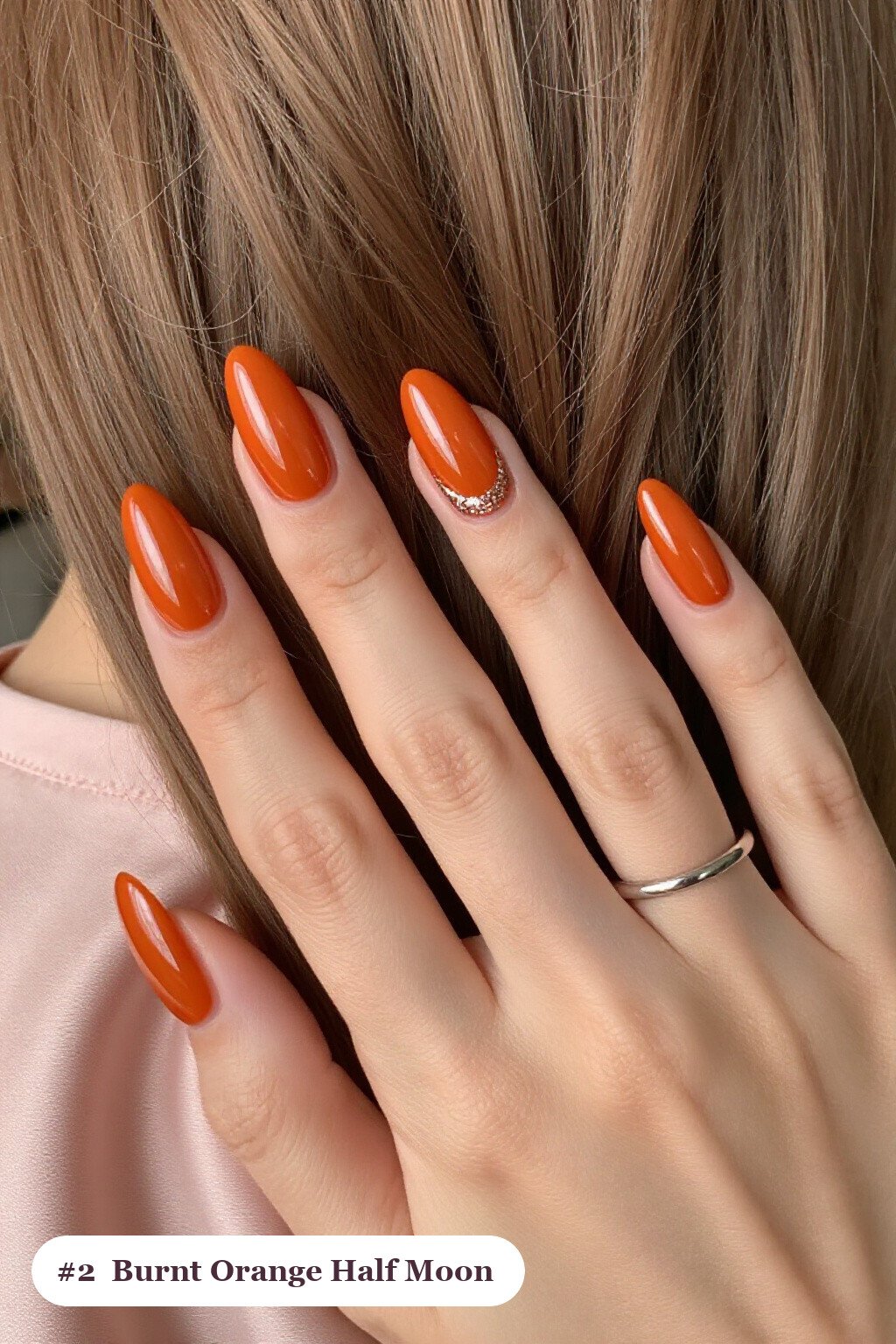 Burnt Orange Ballerina Lengths with Half‑Moon Glitter Crescent - classy fall nail ideas Burnt Orange Ballerina Lengths with Half‑Moon Glitter Crescent - classy fall nail ideas