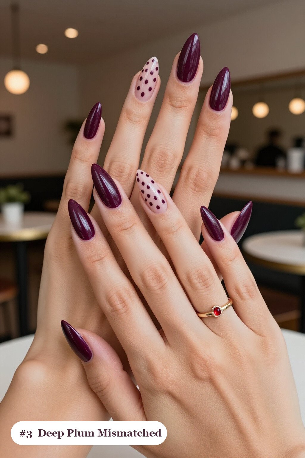 Deep Plum Stiletto Set with Mismatched Patterns in One Color Story - classy fall nail ideas Deep Plum Stiletto Set with Mismatched Patterns in One Color Story - classy fall nail ideas