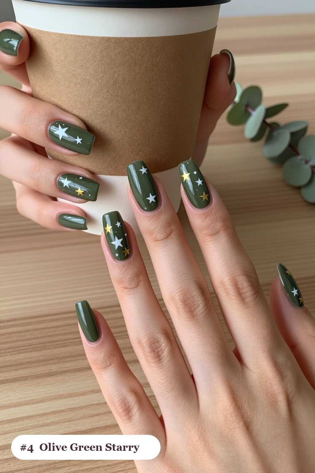 Olive Green Coffin Nails Covered in White and Gold Stars - classy fall nail ideas Olive Green Coffin Nails Covered in White and Gold Stars - classy fall nail ideas
