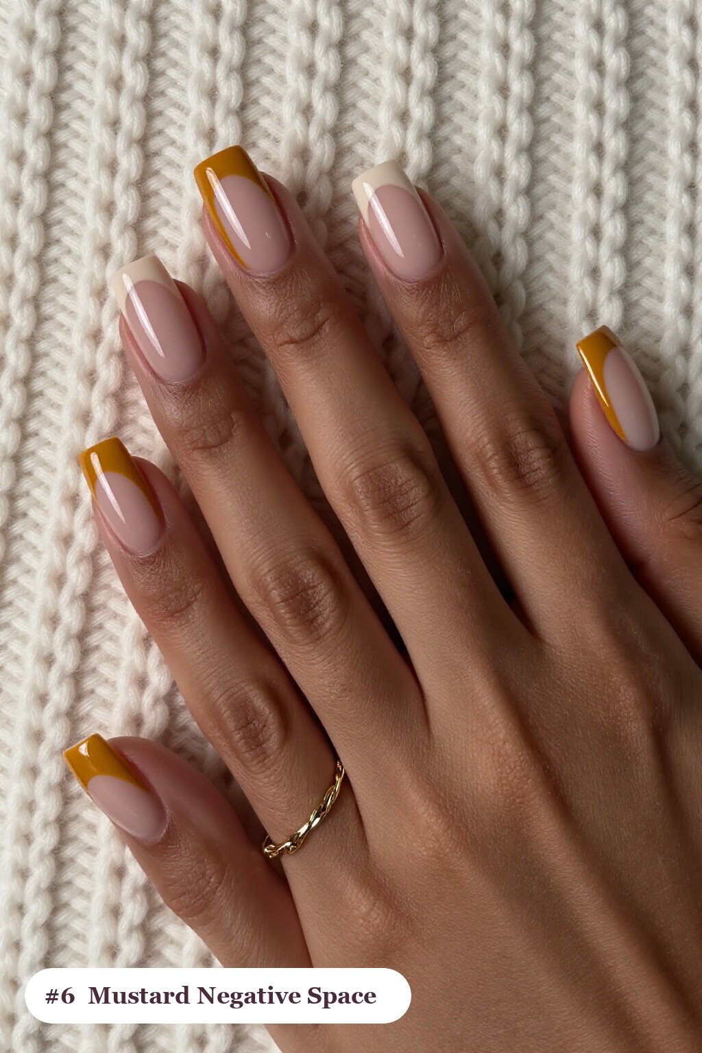 Mustard Short Squares Featuring Negative‑Space Nude Windows and Bold Color Shapes - classy fall nail ideas Mustard Short Squares Featuring Negative‑Space Nude Windows and Bold Color Shapes - classy fall nail ideas