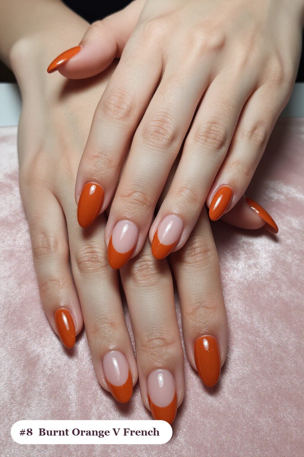 Burnt Orange Almond Nails with Deep V‑French Tips in Contrasting Hue - classy fall nail ideas Burnt Orange Almond Nails with Deep V‑French Tips in Contrasting Hue - classy fall nail ideas