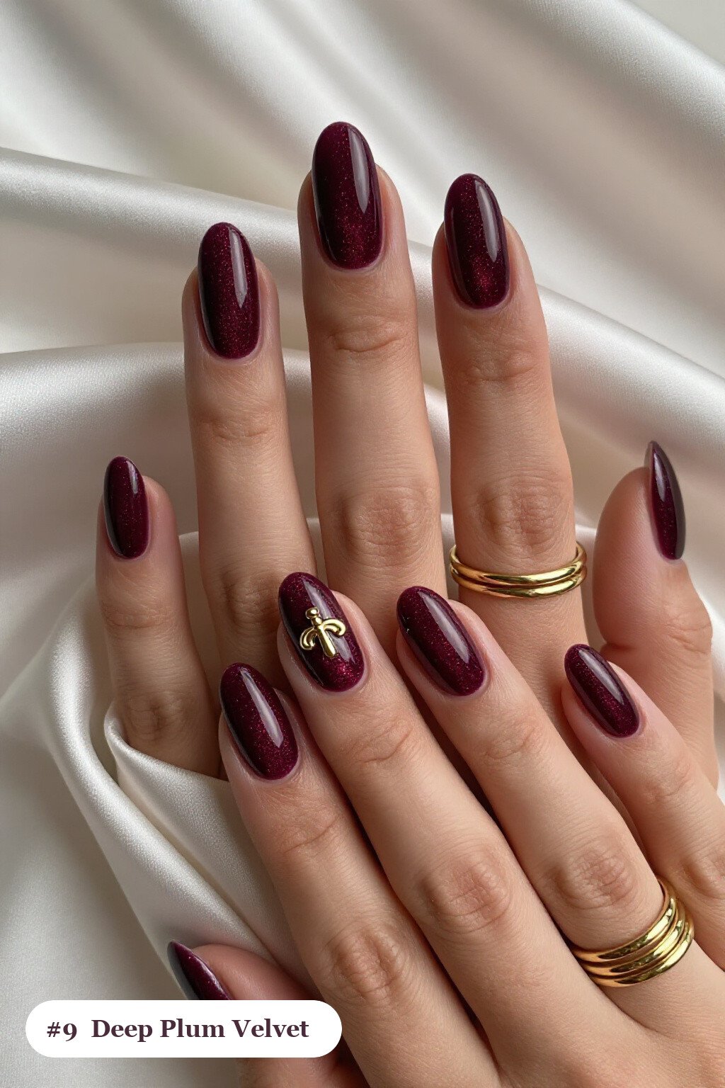 Deep Plum Coffin Nails in Velvet Shimmer, One Accent with Gold Charm - classy fall nail ideas Deep Plum Coffin Nails in Velvet Shimmer, One Accent with Gold Charm - classy fall nail ideas