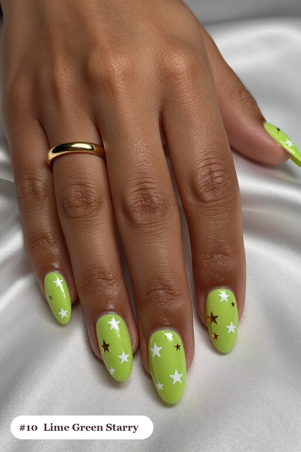 Lime Green Almond Nails with White and Gold Stars and Sparkles - classy halloween nails