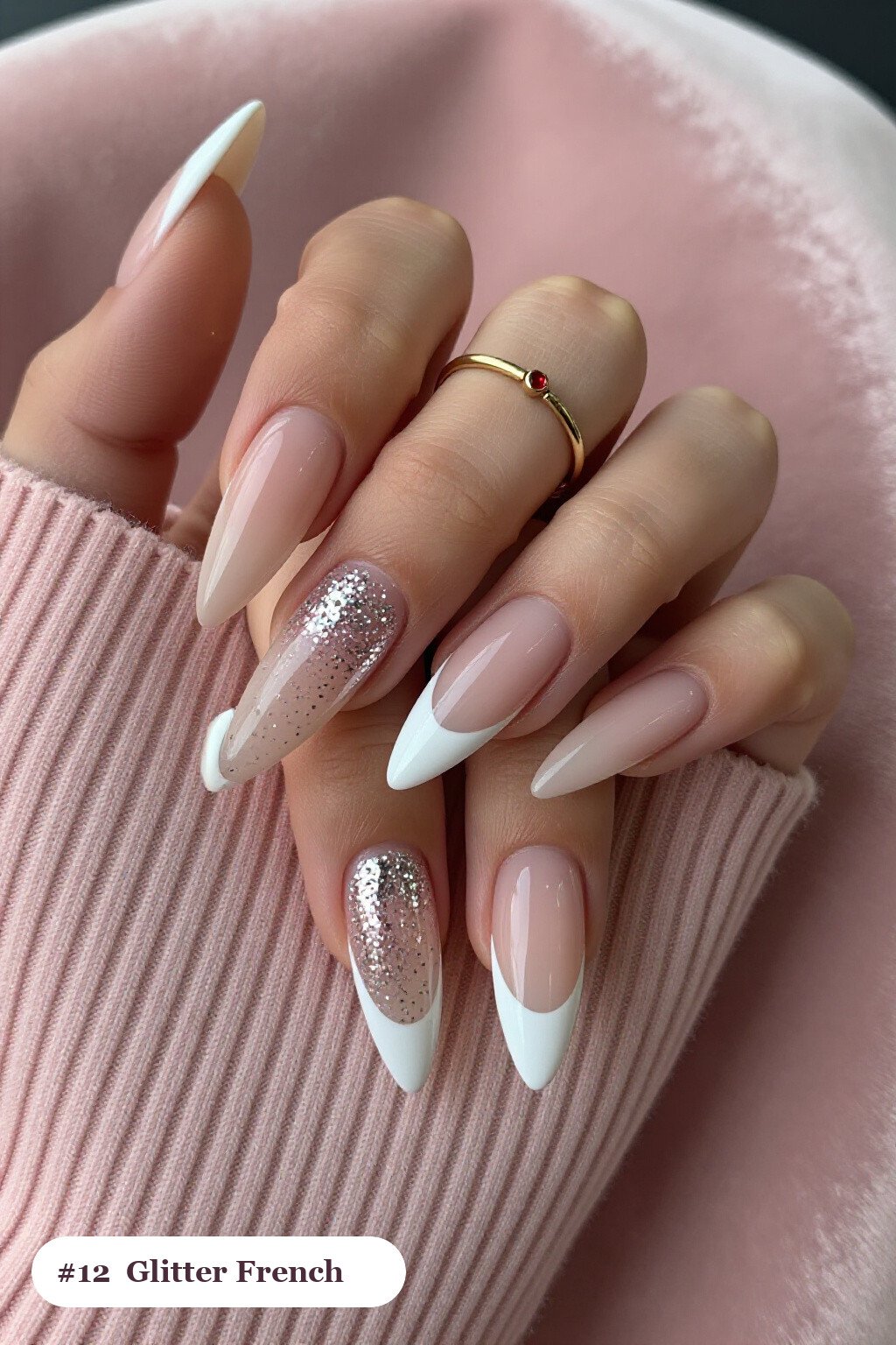Glitter‑Packed French Tips on Bone‑White Stiletto Nails Over a Sheer Nude Base - classy halloween nails