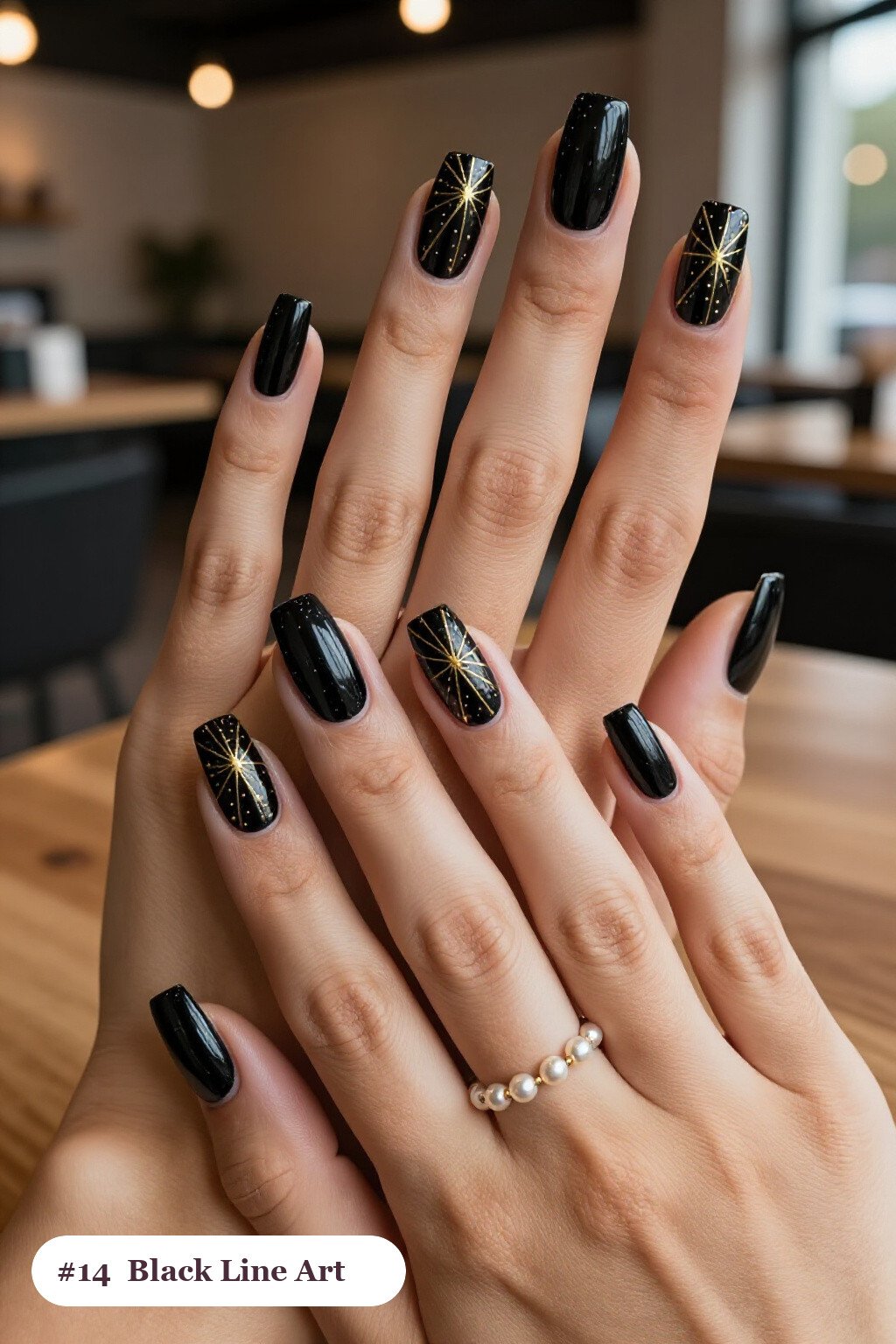 Black Square Nails with Fine Gold Line Art and Tiny Dotted Details - classy halloween nails