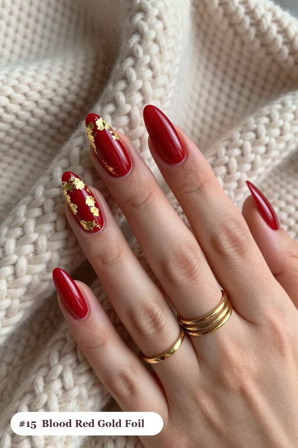 Blood Red Coffin Nails with Dense Gold Foil Flakes and Gold Leaf Scattered Throughout - classy halloween nails