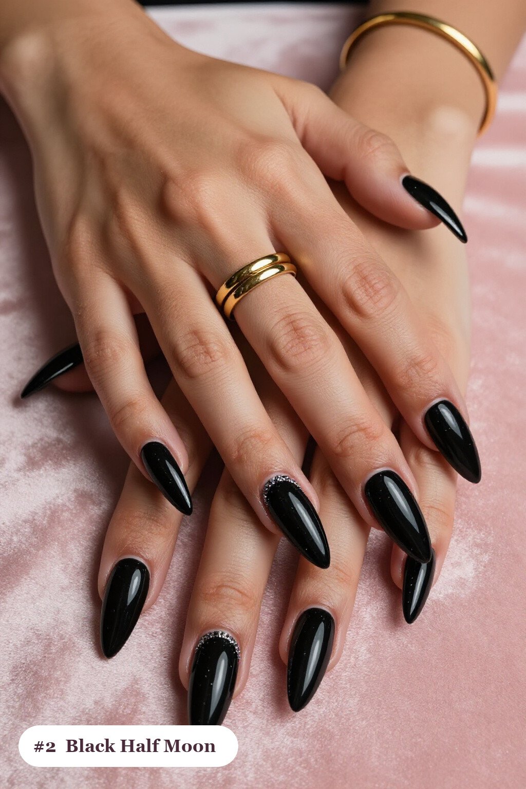 Midnight Stiletto Black Nails with Glitter Crescent Half‑Moon Detail - classy halloween nails