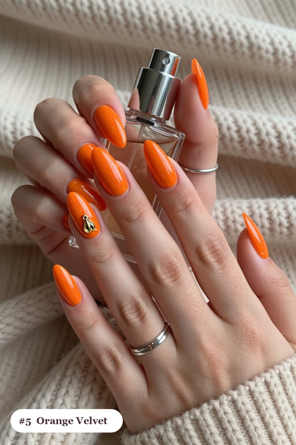 Velvet Shimmer Orange Coffin Nails with Gold Charm Accent: Best Shades for Every Season - classy halloween nails