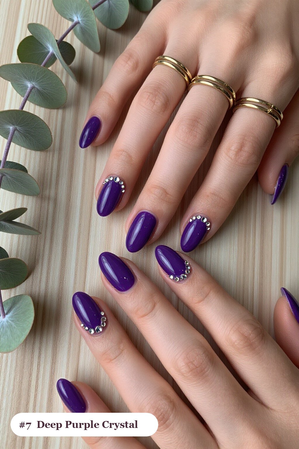 Deep Purple Oval Nails with Rows of Sparkling Crystal Rhinestones Along the Cuticle - classy halloween nails