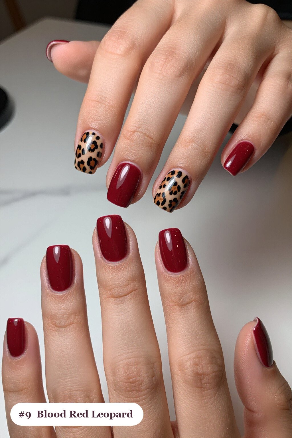 Leopard‑Print Accent Blood Red Square Nails: On Short Nails - classy halloween nails