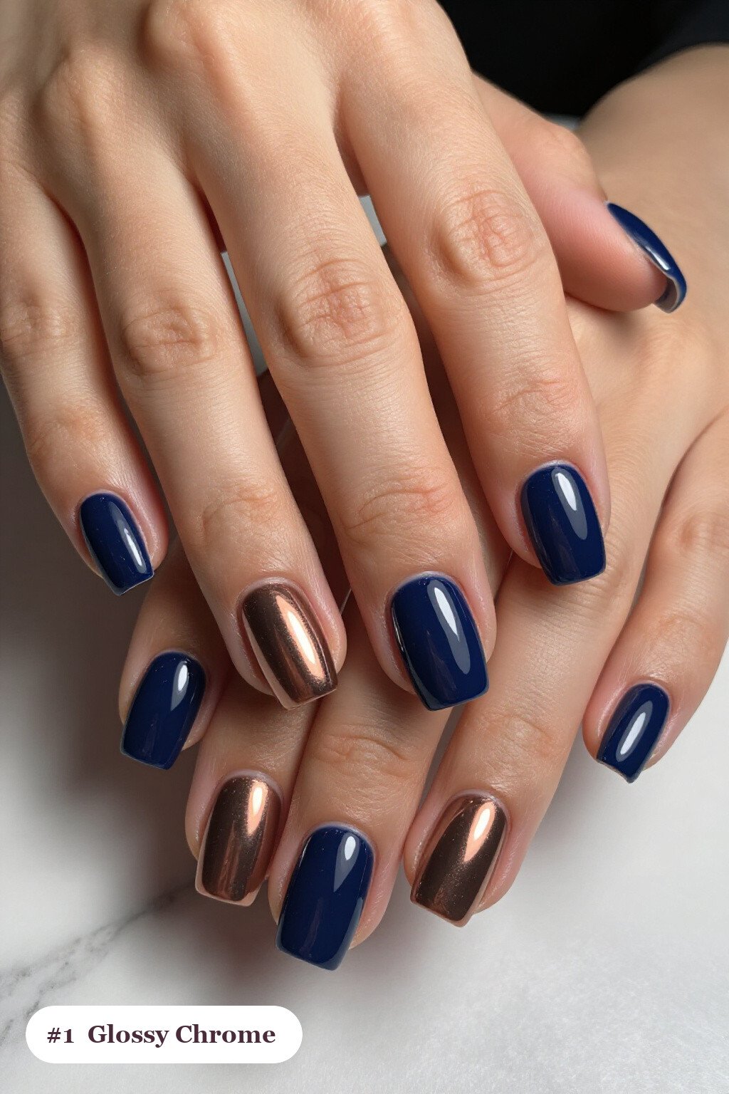 Short square navy blue coffee chrome nails with a liquid chrome mirror finish clearly visible on every nail, glossy and flawless - coffee chrome nails