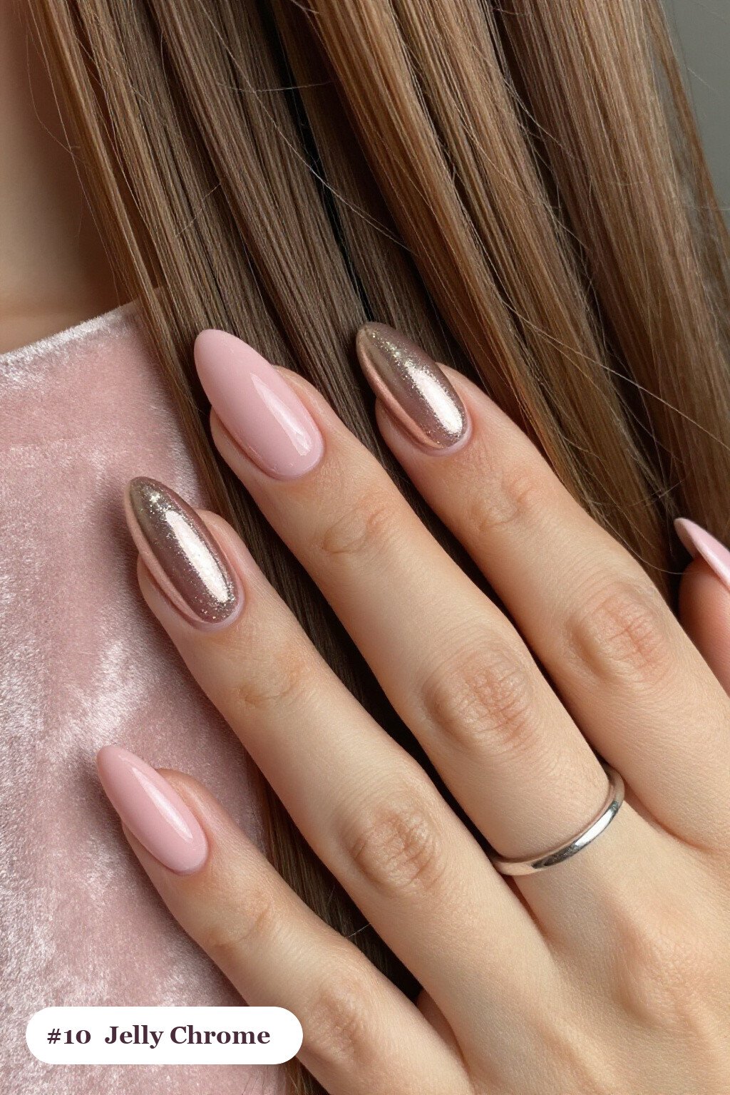 Medium almond baby pink coffee chrome nails with a liquid chrome mirror finish clearly visible on every nail, styled with a see-through jelly finish with encapsulated glitter - coffee chrome nails