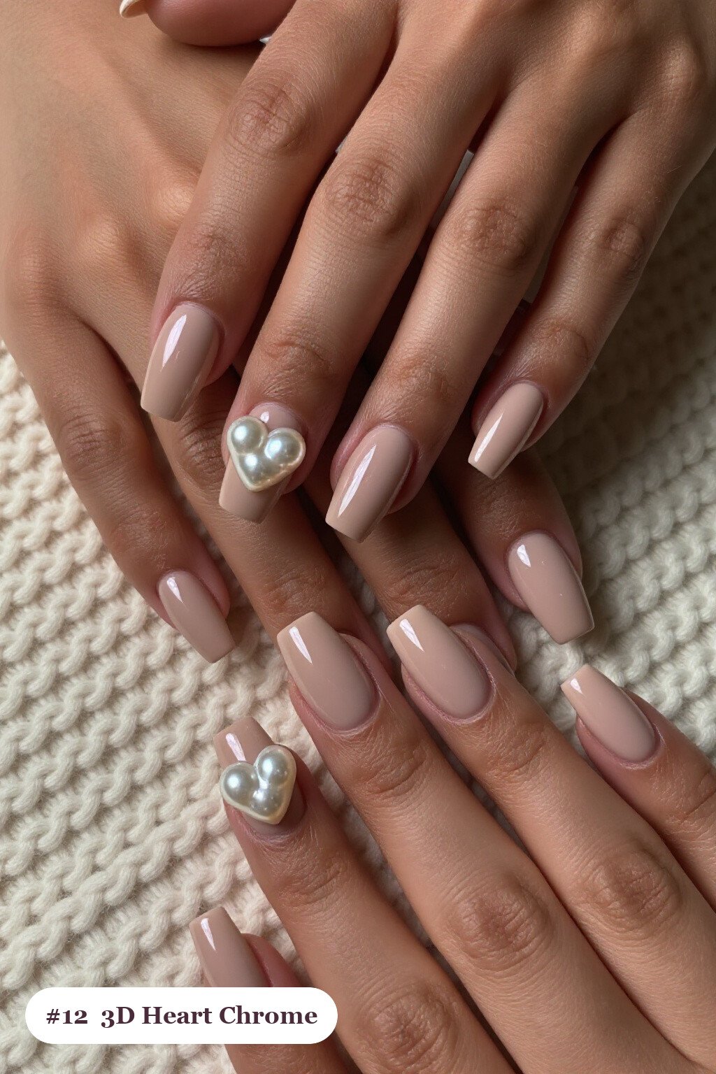 Medium square nude beige coffee chrome nails with a liquid chrome mirror finish clearly visible on every nail, styled with chunky 3D gel hearts and pearls on three nails - coffee chrome nails