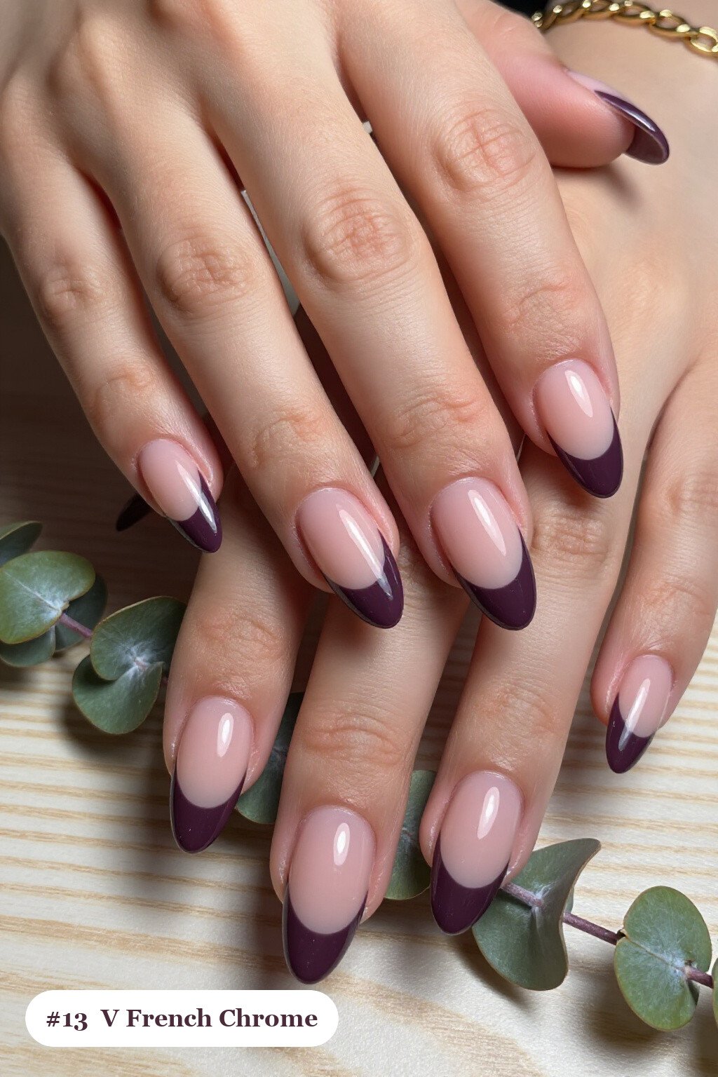 Medium coffin lilac coffee chrome nails with a liquid chrome mirror finish clearly visible on every nail, styled with deep V-shaped french tips in a bold contrasting colour - coffee chrome nails