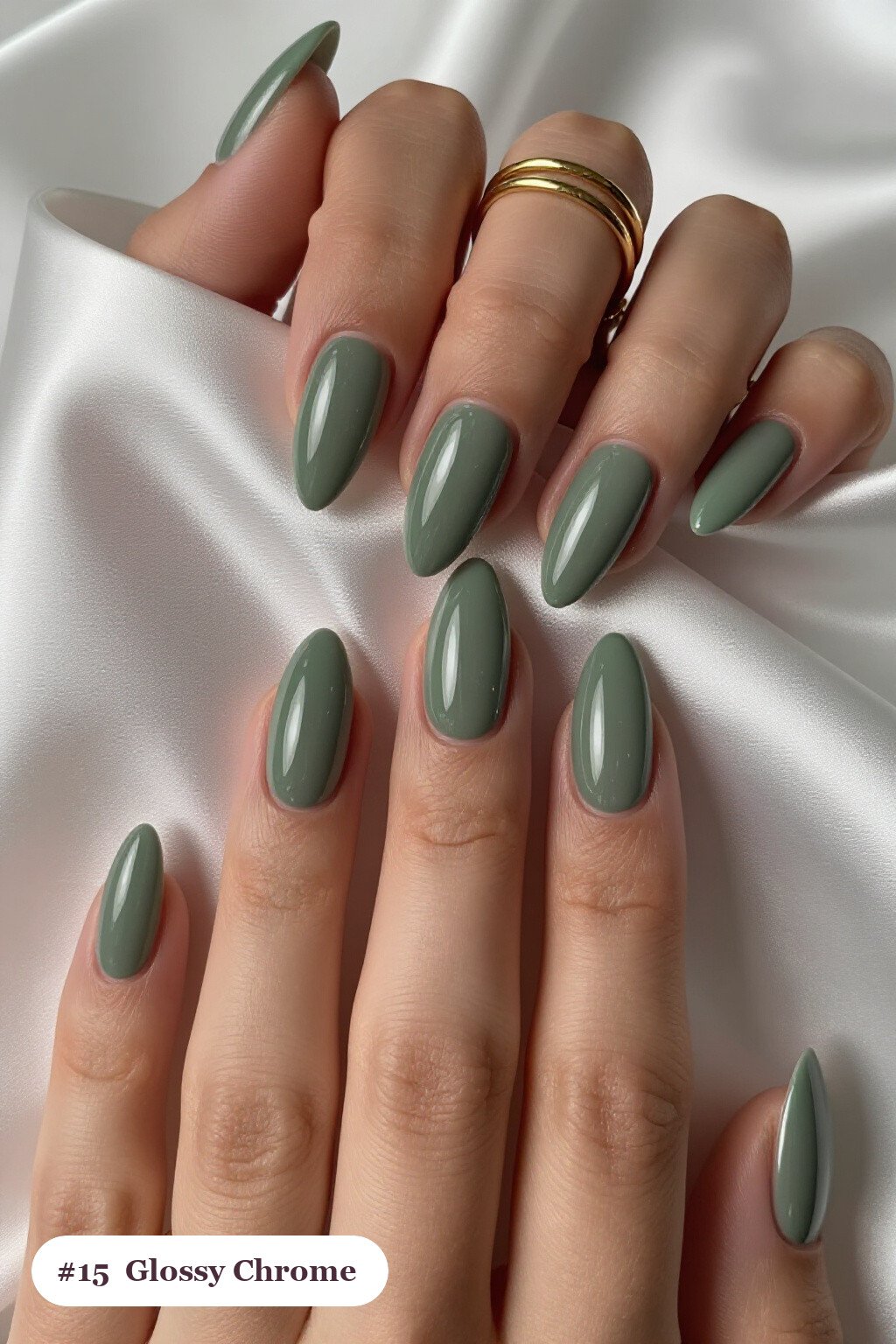 Long stiletto sage green coffee chrome nails with a liquid chrome mirror finish clearly visible on every nail, styled with a flawless mirror-glossy full-colour finish - coffee chrome nails
