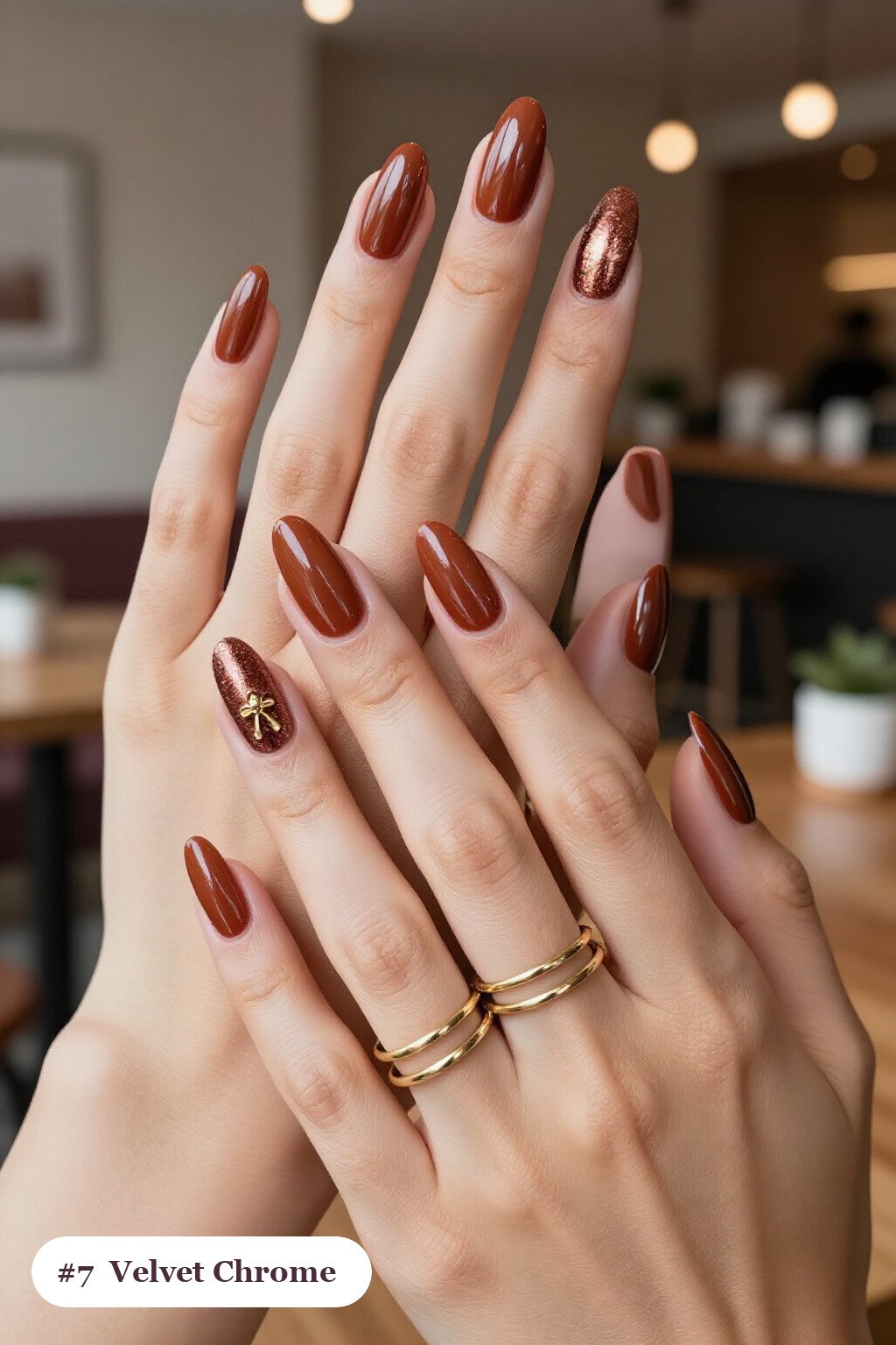 Long coffin terracotta coffee chrome nails with a liquid chrome mirror finish clearly visible on every nail, styled with a velvet shimmer finish with one glossy accent nail with a gold charm - coffee chrome nails