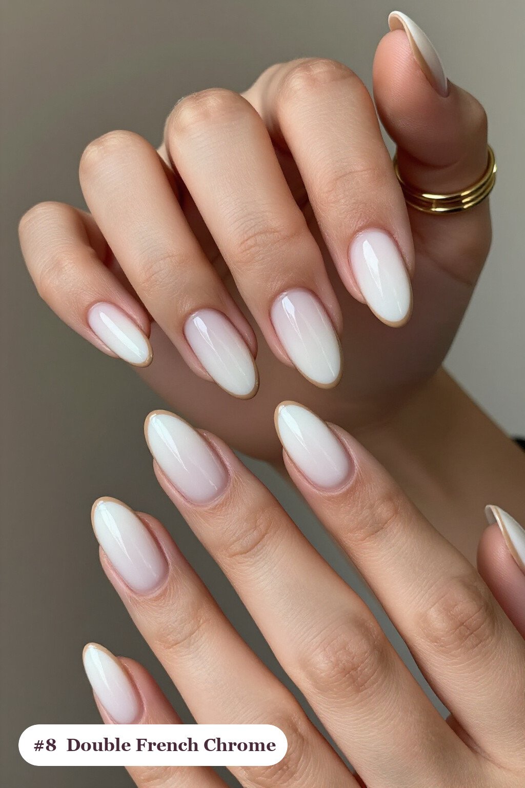 Long ballerina milky white coffee chrome nails with a liquid chrome mirror finish clearly visible on every nail, styled with double-line french tips in two colours - coffee chrome nails