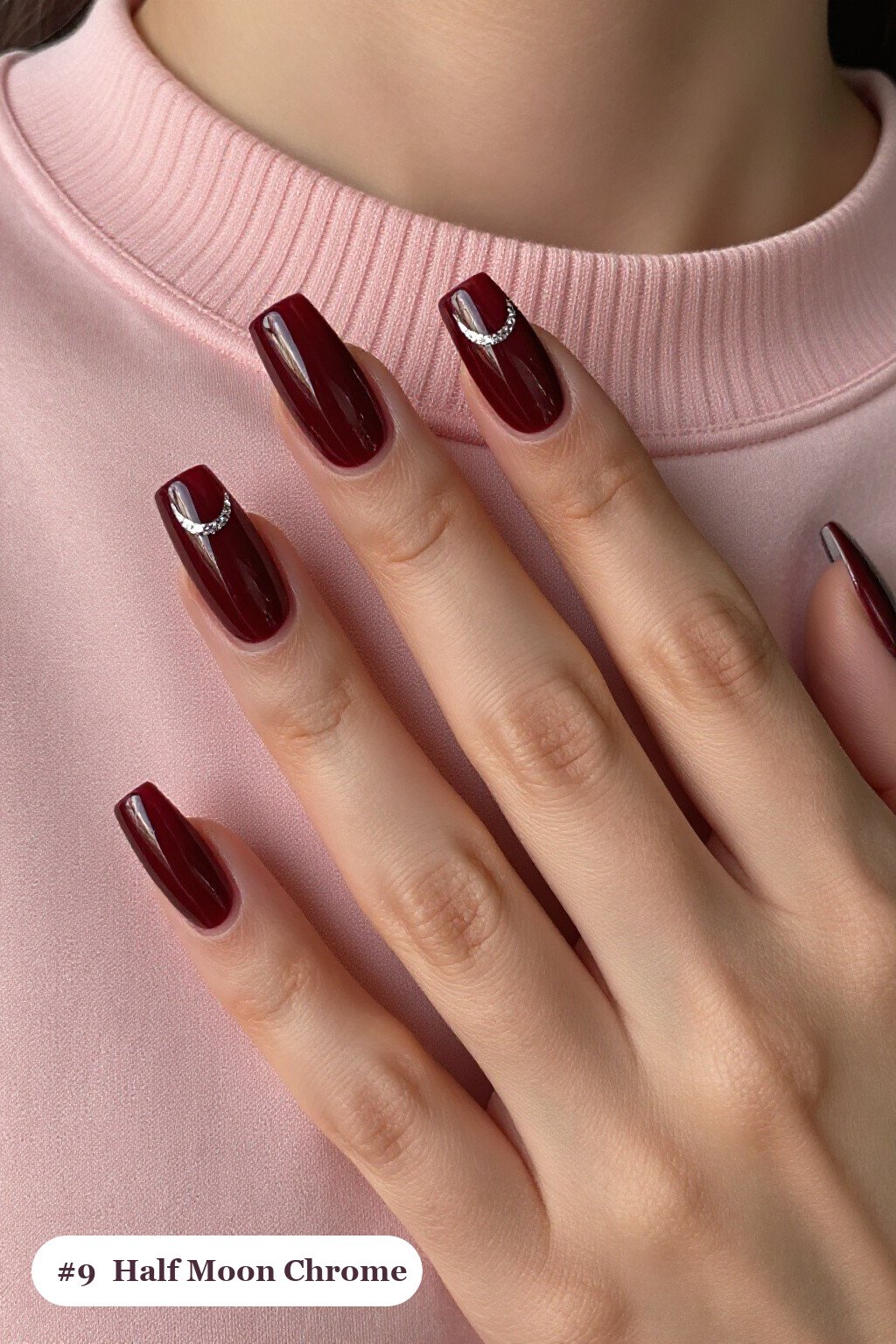 Long square burgundy coffee chrome nails with a liquid chrome mirror finish clearly visible on every nail, styled with a half-moon design with a glitter crescent at the cuticle - coffee chrome nails