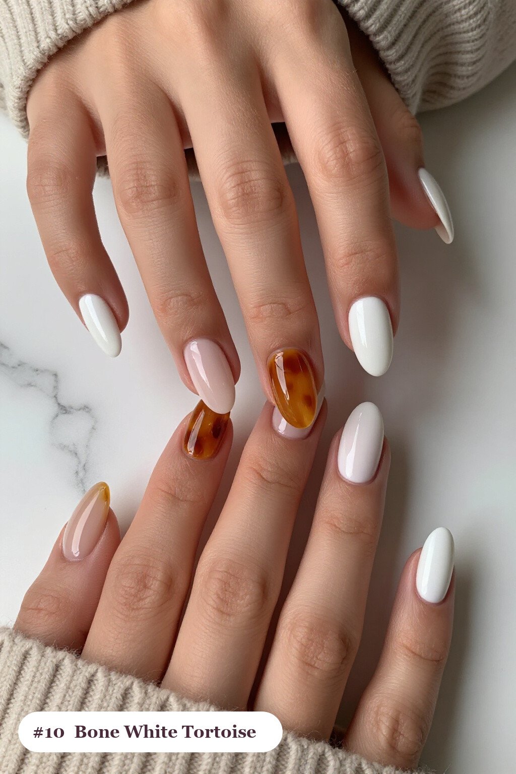 Bone White Coffin Nails with Amber Tortoiseshell Accent Pair - coffin halloween nails