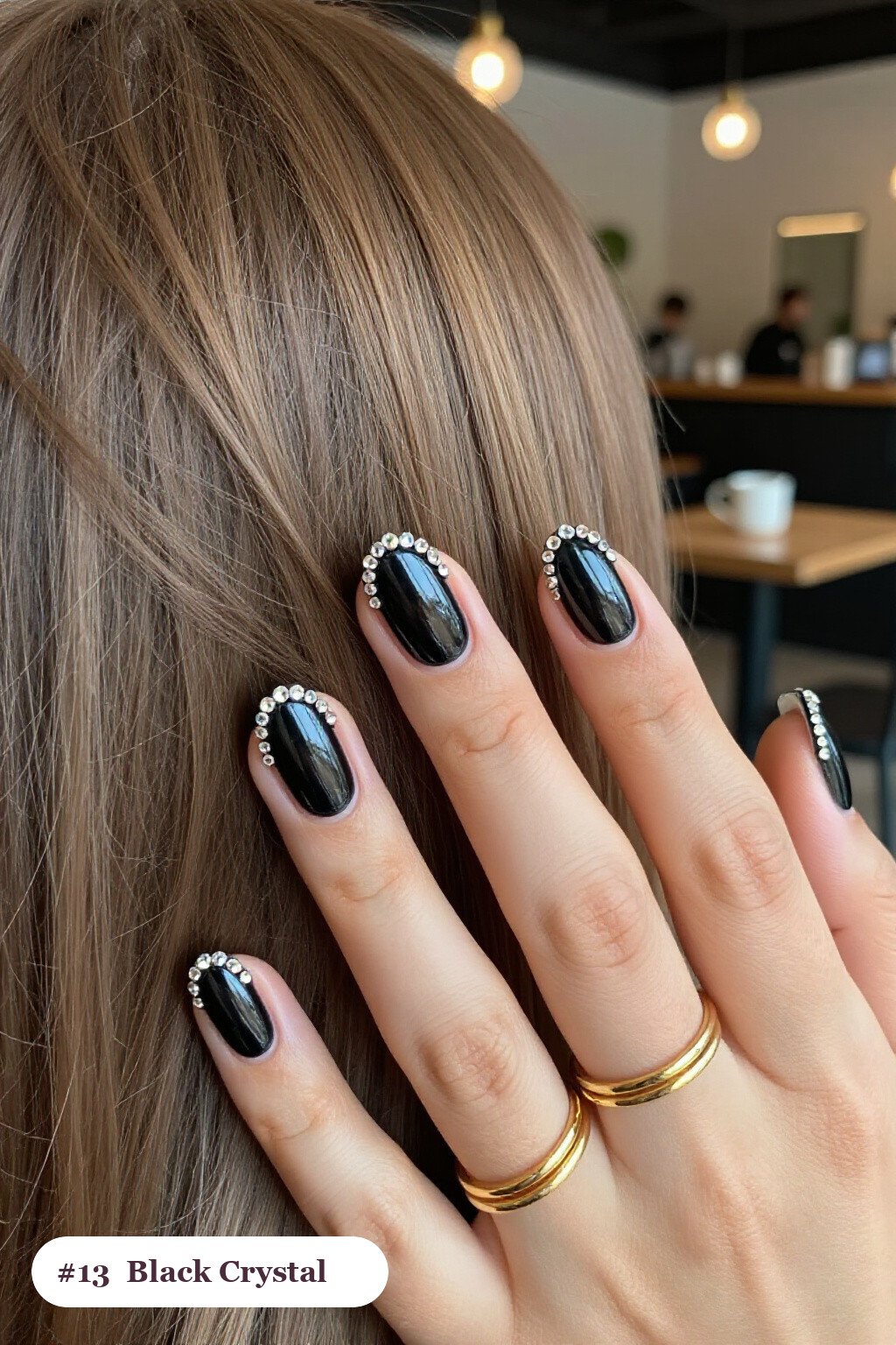 Black Coffin Halloween Nails with Rhinestone Cuticle Rows: On Short Nails - coffin halloween nails