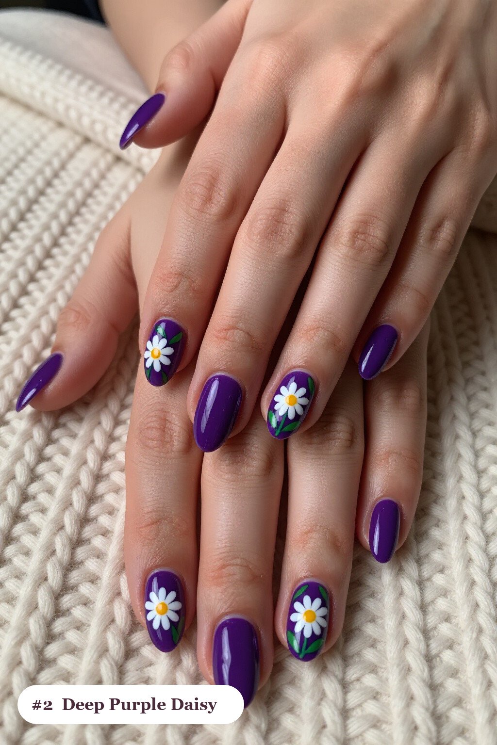 Deep Purple Coffin Nails with Hand‑Painted Daisies & Green Leaves - coffin halloween nails