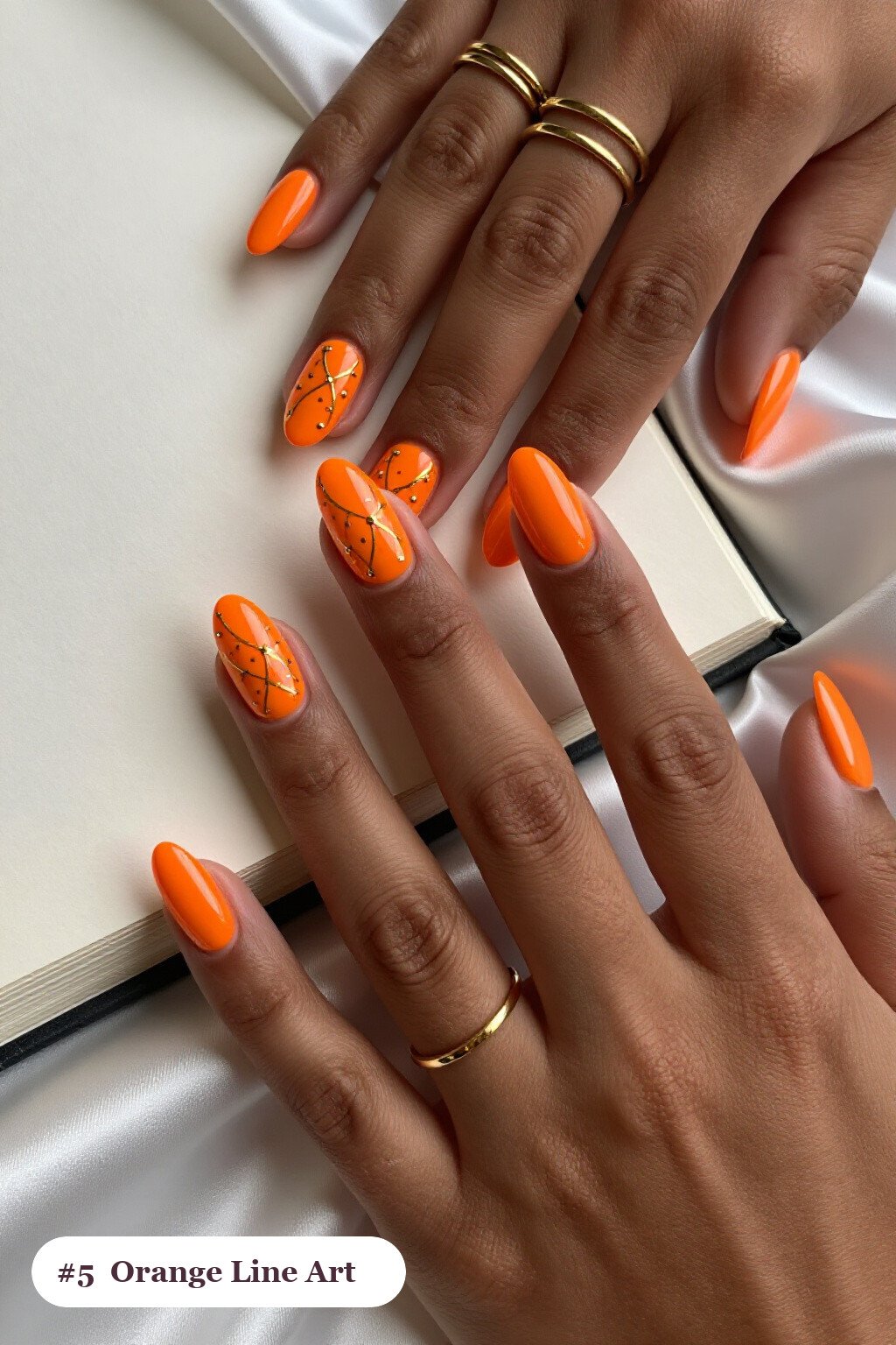 Orange Coffin Nails Featuring Fine Gold Line Art & Tiny Dots - coffin halloween nails
