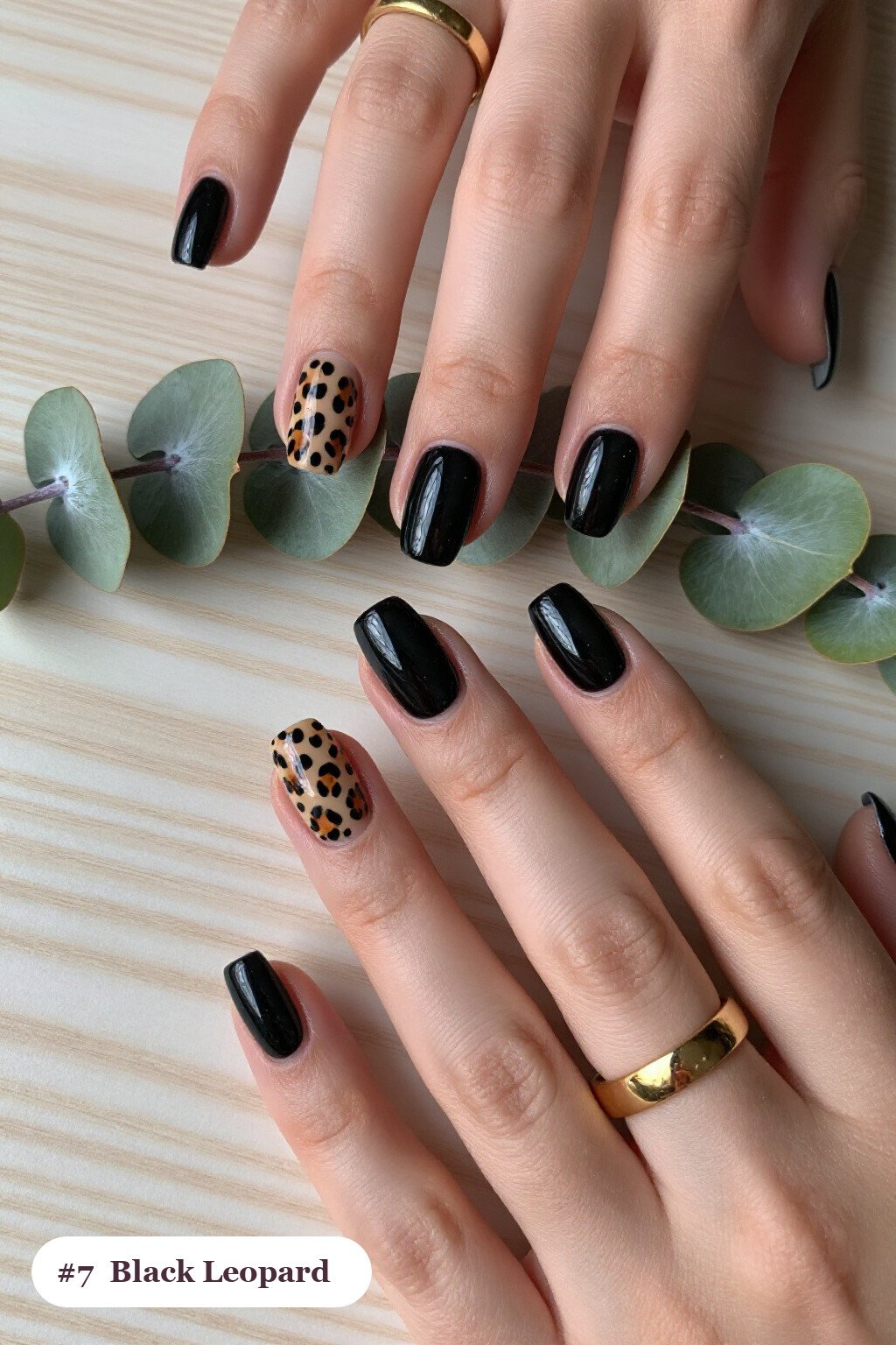 Black Coffin Nails with Leopard Print Accents and Solid Base - coffin halloween nails