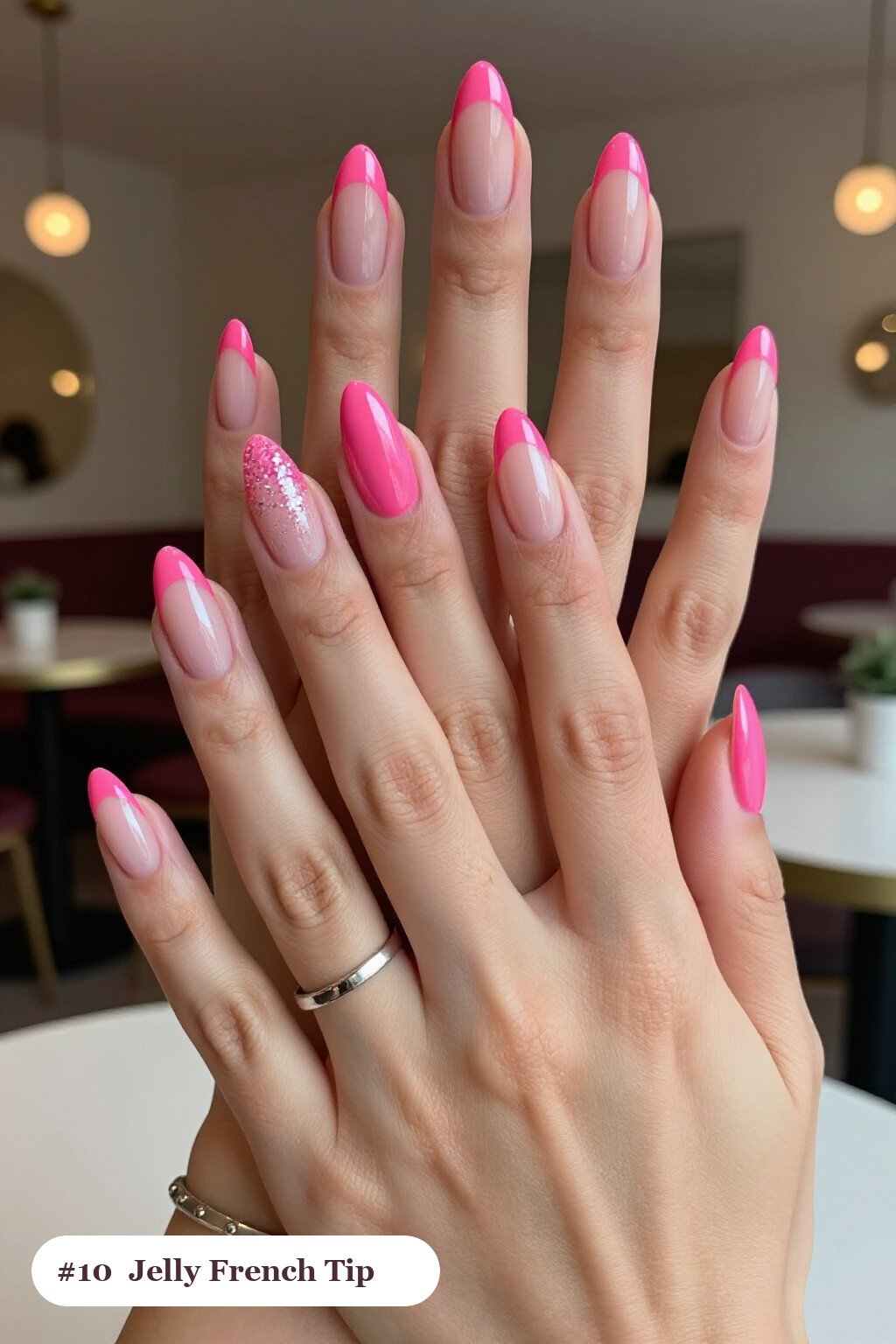 Hot Pink Almond Nails with Jelly Encapsulated Glitter - colored french tip almond nails Hot Pink Almond Nails with Jelly Encapsulated Glitter - colored french tip almond nails