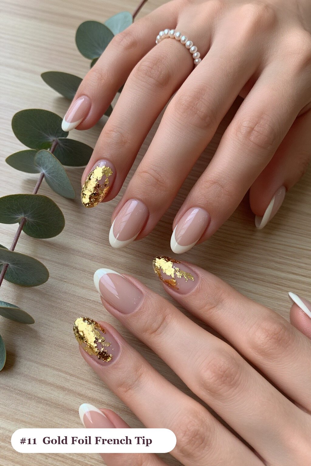 Nude Beige Almond French Tips Covered in Gold Foil Flakes - colored french tip almond nails Nude Beige Almond French Tips Covered in Gold Foil Flakes - colored french tip almond nails