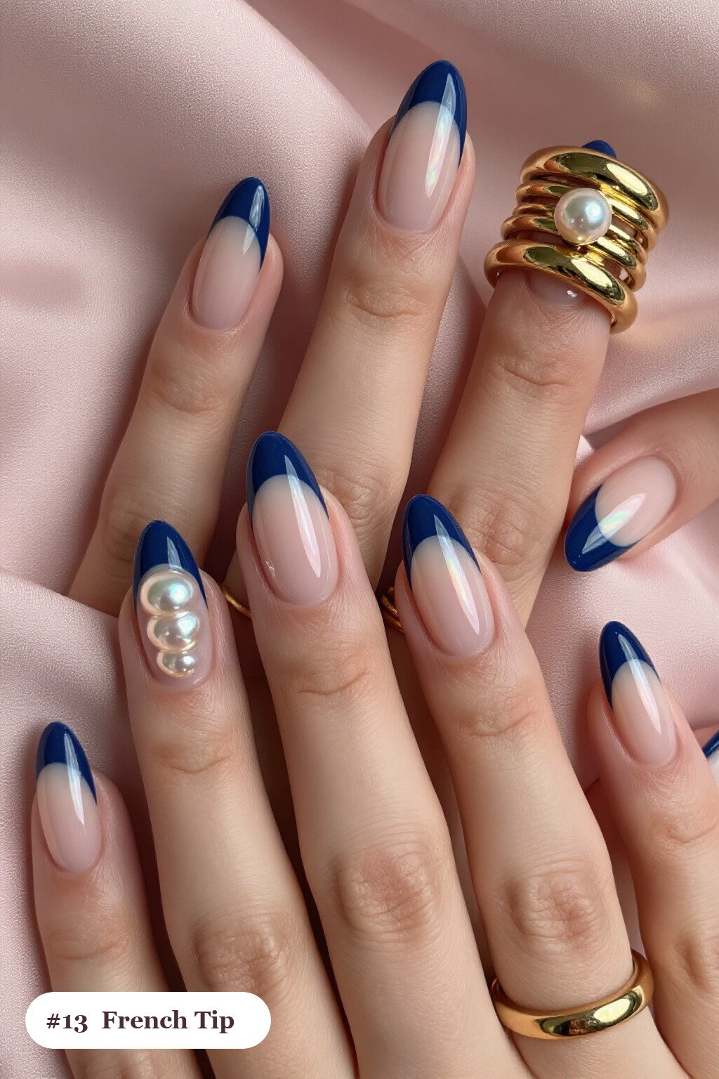 Navy Blue Almond French Tips with Iridescent Pearl Chrome - colored french tip almond nails Navy Blue Almond French Tips with Iridescent Pearl Chrome - colored french tip almond nails
