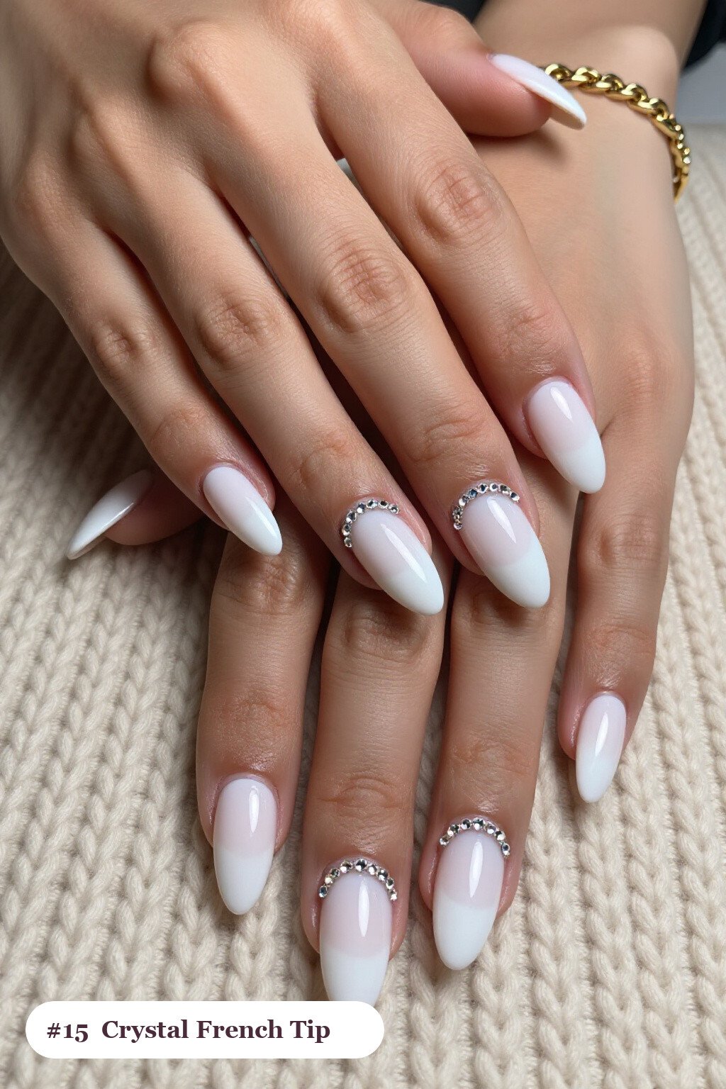 Milky White Almond Nails with Crystal Rhinestones: On Short Nails - colored french tip almond nails Milky White Almond Nails with Crystal Rhinestones: On Short Nails - colored french tip almond nails