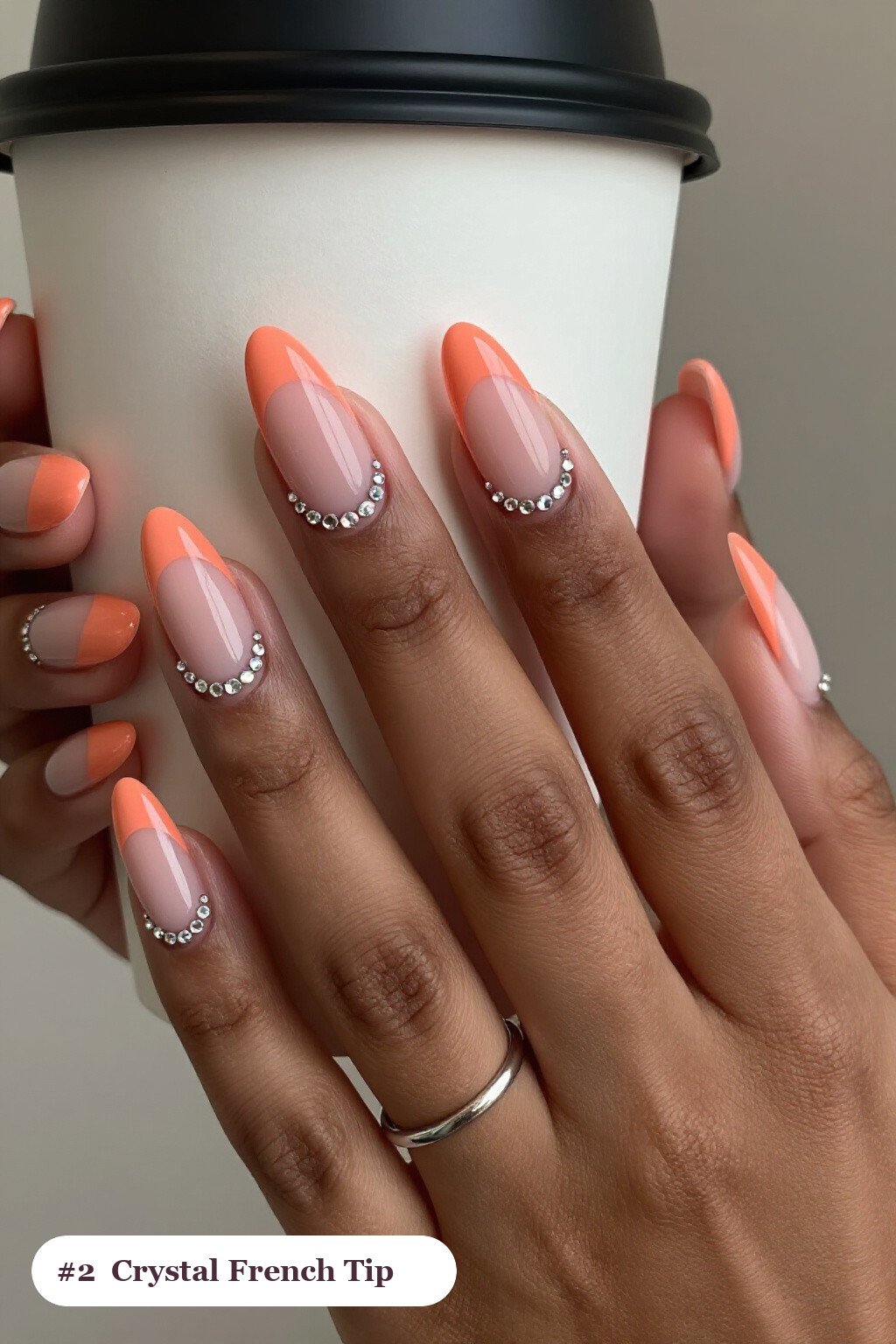 Coral Almond Nails with Sparkling Crystal Rhinestones - colored french tip almond nails Coral Almond Nails with Sparkling Crystal Rhinestones - colored french tip almond nails