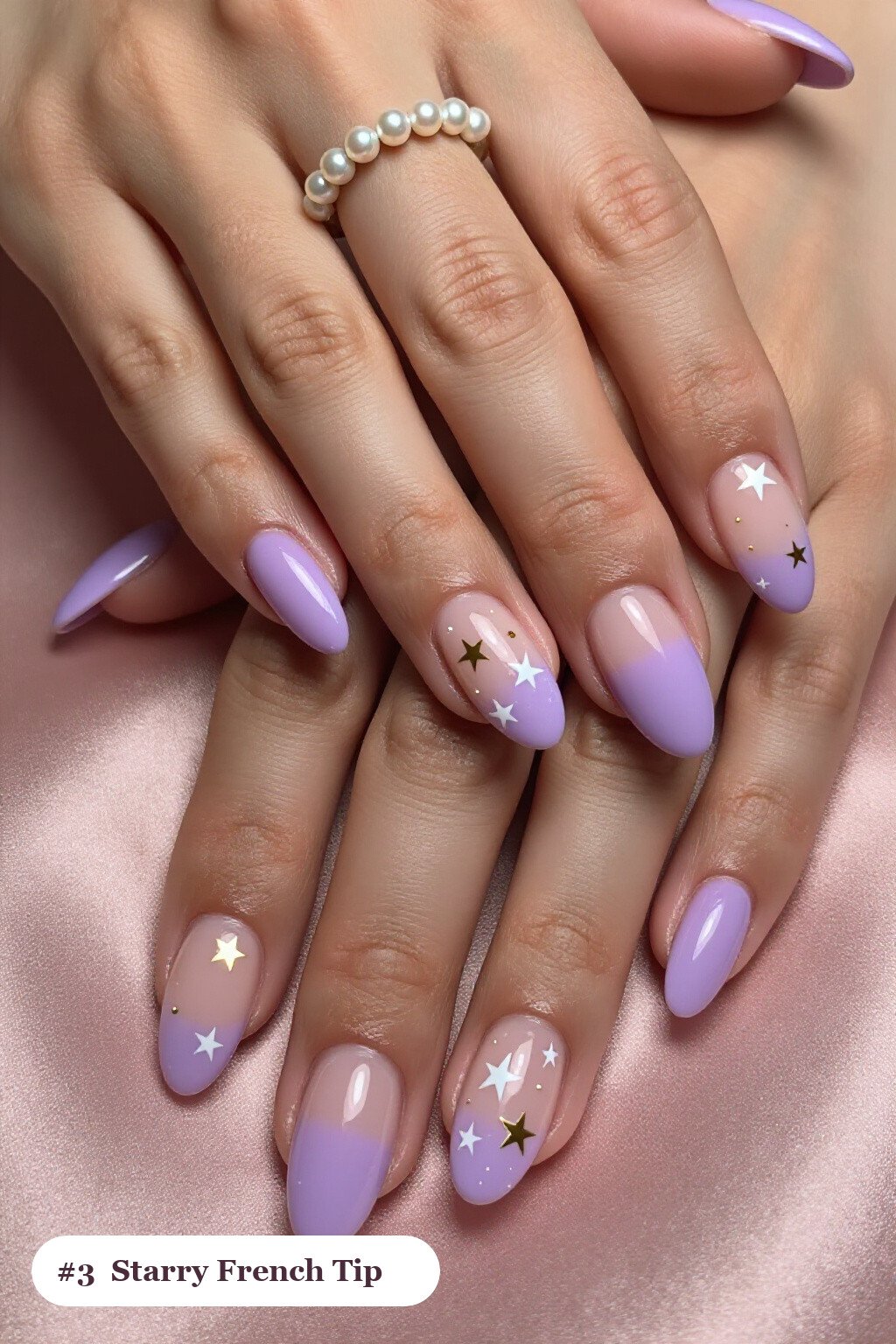 Lilac Almond Colored French Tip Nails with Starry Details - colored french tip almond nails Lilac Almond Colored French Tip Nails with Starry Details - colored french tip almond nails