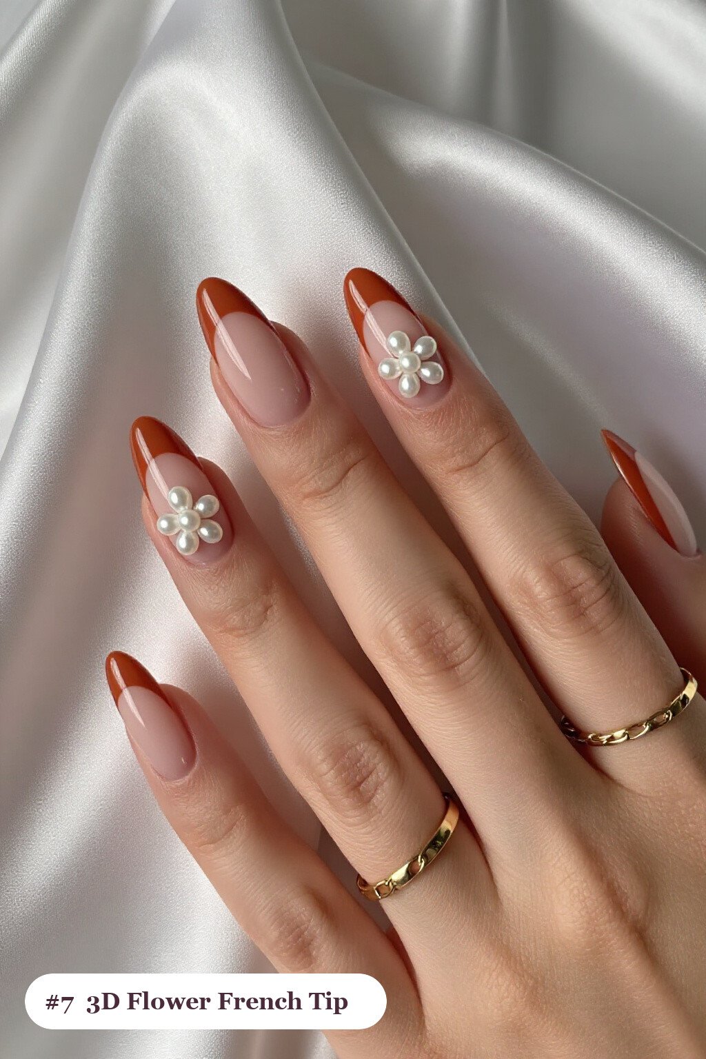 Terracotta Almond French Tips Adorned with 3D Pearl Flowers - colored french tip almond nails Terracotta Almond French Tips Adorned with 3D Pearl Flowers - colored french tip almond nails