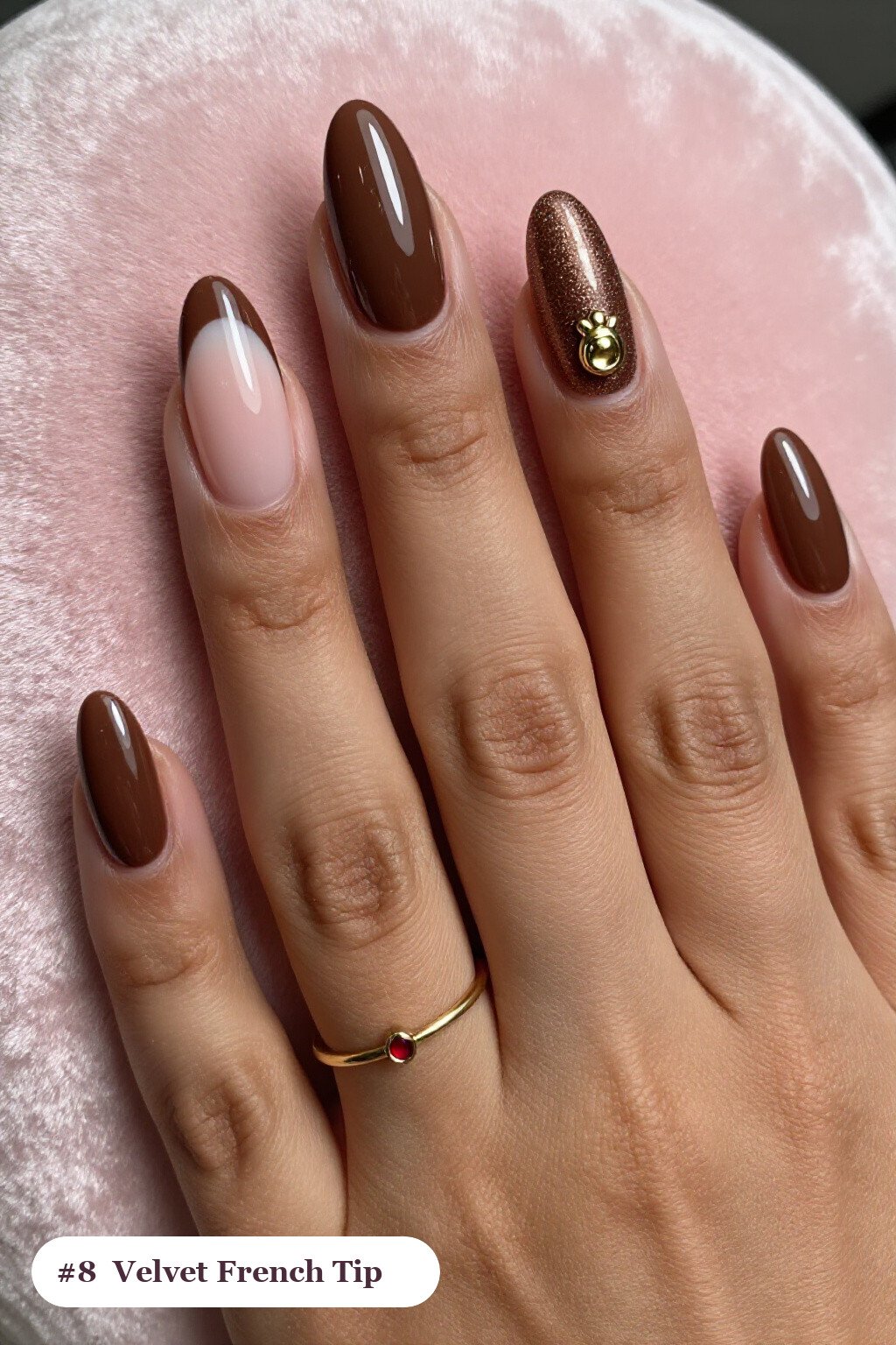 Chocolate Brown Almond Nails with Velvet Shimmer and Gold Charm - colored french tip almond nails Chocolate Brown Almond Nails with Velvet Shimmer and Gold Charm - colored french tip almond nails